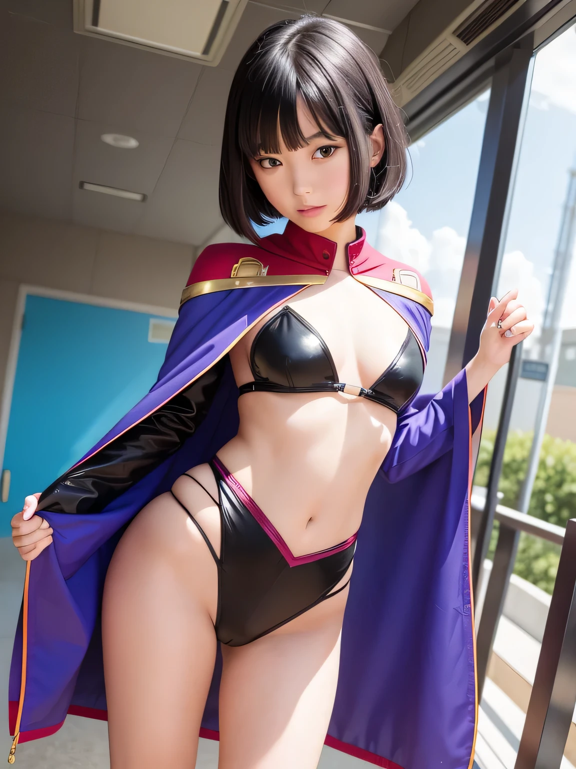 super girl elementary school student, masterpiece, highest quality, abstract, psychedelic, neon, (Honeycomb pattern), (creative:1.3), fantasy00d、 black hair、bob cut with trimmed ends、flat chest、Thin crotch、con、'face、standing on the walkway、Glistening crotch、belly button、High-leg style、red cloak、Swelling of the nipples、bewitching pose