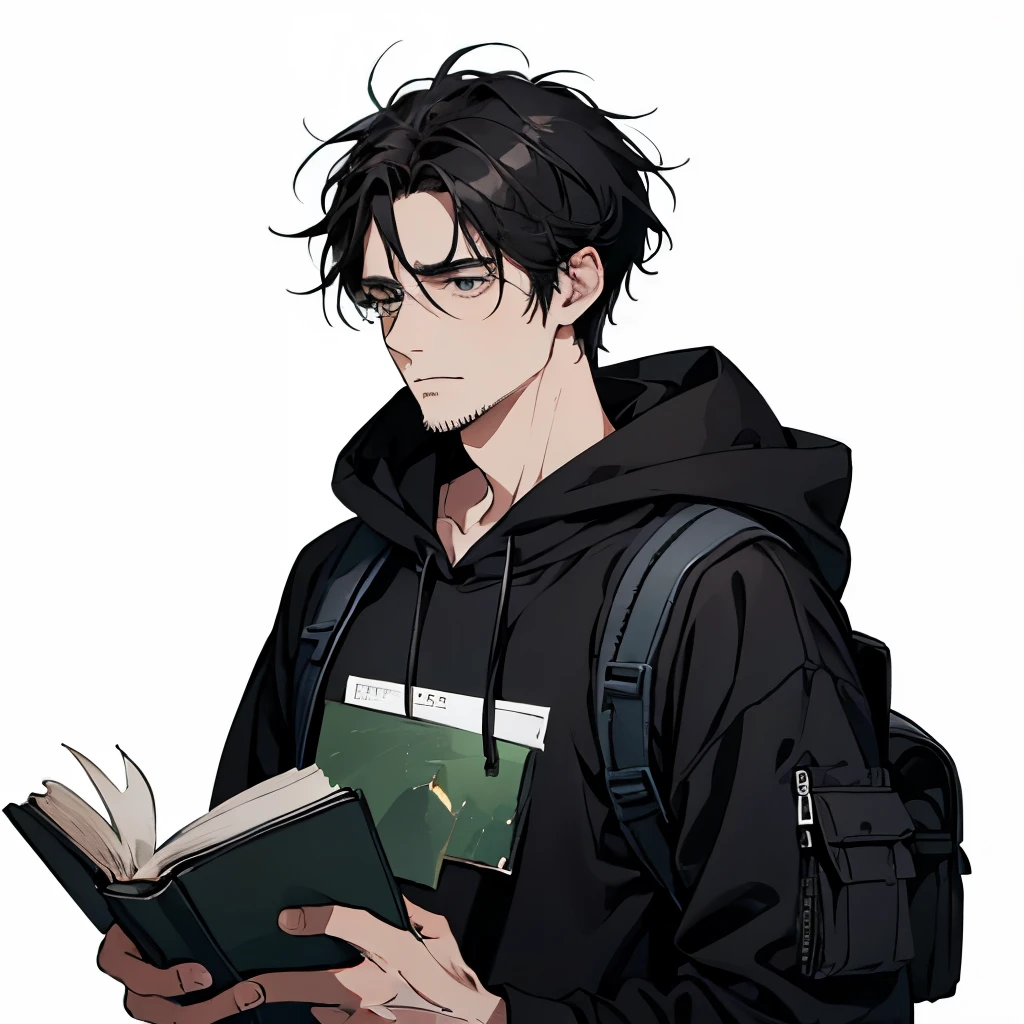 A man, unkempt, tired, haggard, stubble, bags under the eyes, untidy, disheveled, black hair, stubble, pale, white background, black circles, black eyes, book, backpack, green hoddie