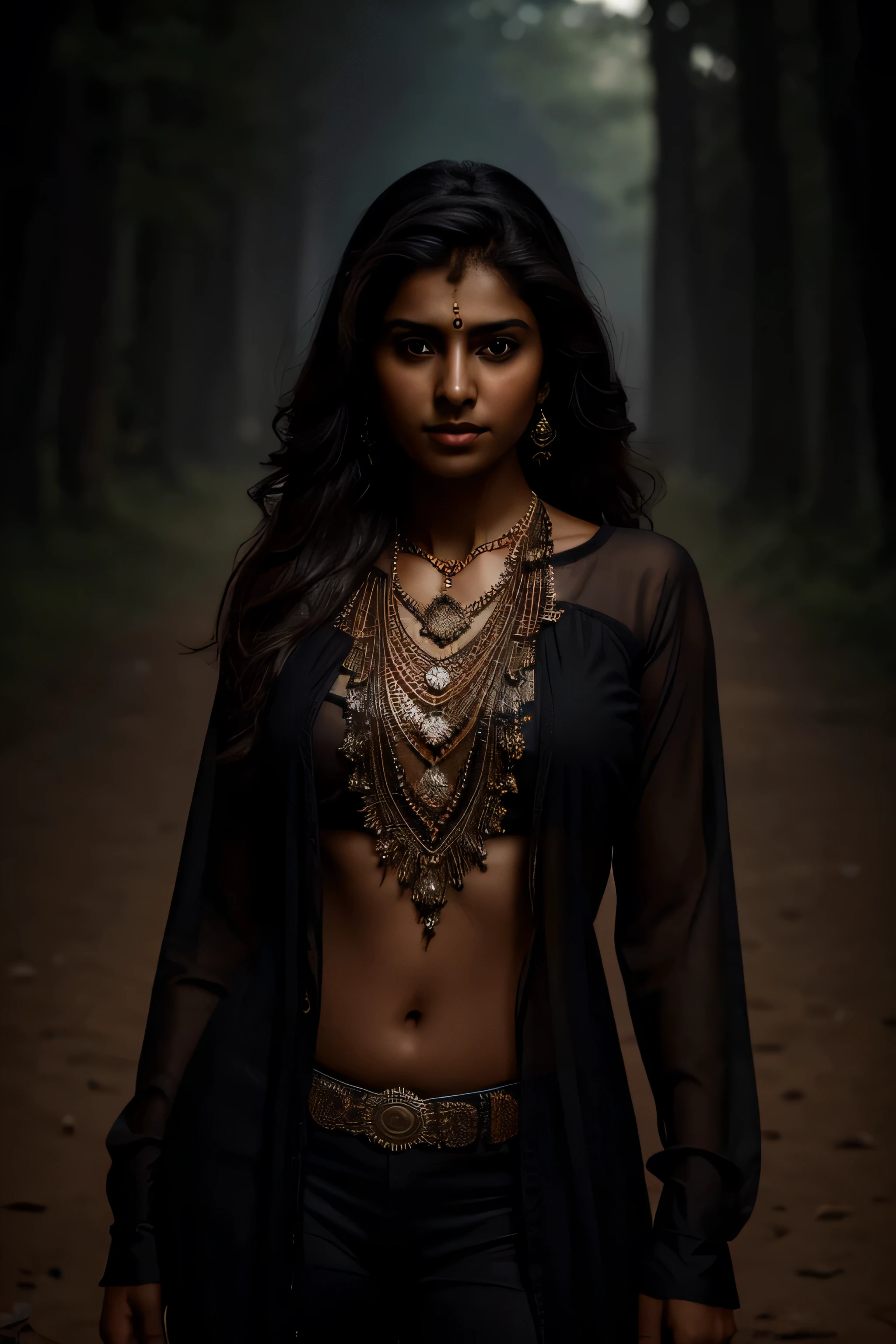masterpiece, best quality, ultra high res, 1 dark skinned Pakistani girl, (fractal art:1.3), deep shadow, dark theme, fully clothed, necklace, forlorn, cowboy shot