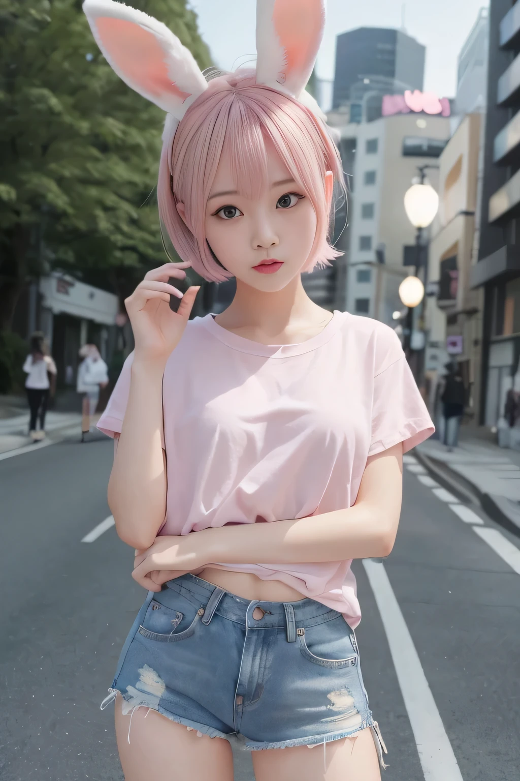 ciudad de noche、discursos callejeros、Spread your legs and spread them.、con pantalones vaqueros、Bajo la farola、In the middle of the intersection、Camisa Y talla grande、Pelo corto rosa、cabello rosado color、orejas de conejo rosa stick out of the head、mujeres japonesas、k-pop、caras kawaii、small underwear、mesa、Piel blanca como el cristal、patas en forma de M、una peli rosa、Hermosa mujer conejo、Saludable de cinco dedos no harapiento、Number of normal fingers、、Atajo Bob、patas en forma de M、不快感のないAnatomically correct number of fingers、hermosa nariz、hermosos ojos、vista posterior、Levanta el culo y la calle.、Pelo corto rosa、(8k, de primera calidad, masterpiece:1.2), (realista, Fotorrealista:1.37)、cute little、informe、(A sonrisae:1.15)、(sonrisa)、、(cabello corto:1.2)、pieza masetero、Pink Atajo Bob、realista bunny ears、ピンクのrealista bunny ears、Rabbit realista ears sticking out from head、cabello rosado、A beautiful girl with a bewitching atmosphere.、Hermosas manos con forma、k-pop、orejas de conejo rosa、1 chica en、informe、masterpiece、de primera calidad、realista、hiperdetalle、absurdo、short una peli rosa、Bellezas esbeltas、dynamic lighting、high resolution、Sharp focus、profundidad de campos、(grueso apretado:1.0)、un delgado :1.2,((Atajo Bob's hair))、((k-pop:1.3)),Textura facial y de piel muy detallada.、((encantador)),Anatomically correct number of fingers,Correct anatomy