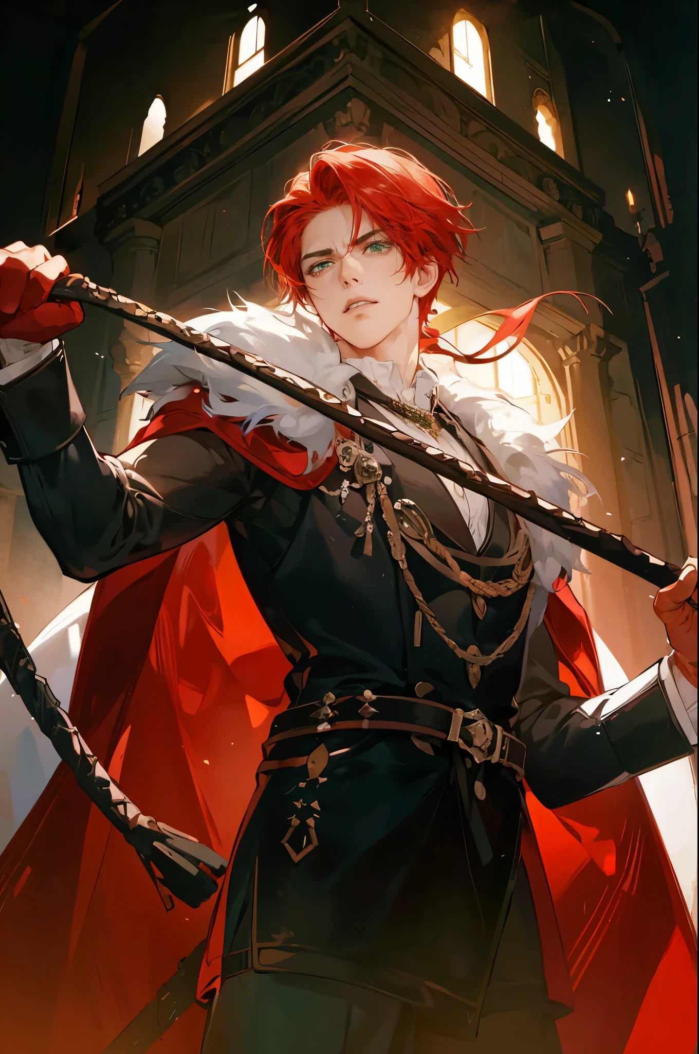 1 boy, handsome face, perfect male figure, Red hair, green eyes, Glaring, eyes looking at viewer, With a whip in his hand, Serious expression, Proud, angry, parted lips, standing in a castle, Medieval aristocratic men's clothing, best quality, amazing quality, very aesthetic, ridiculous, masterpiece,