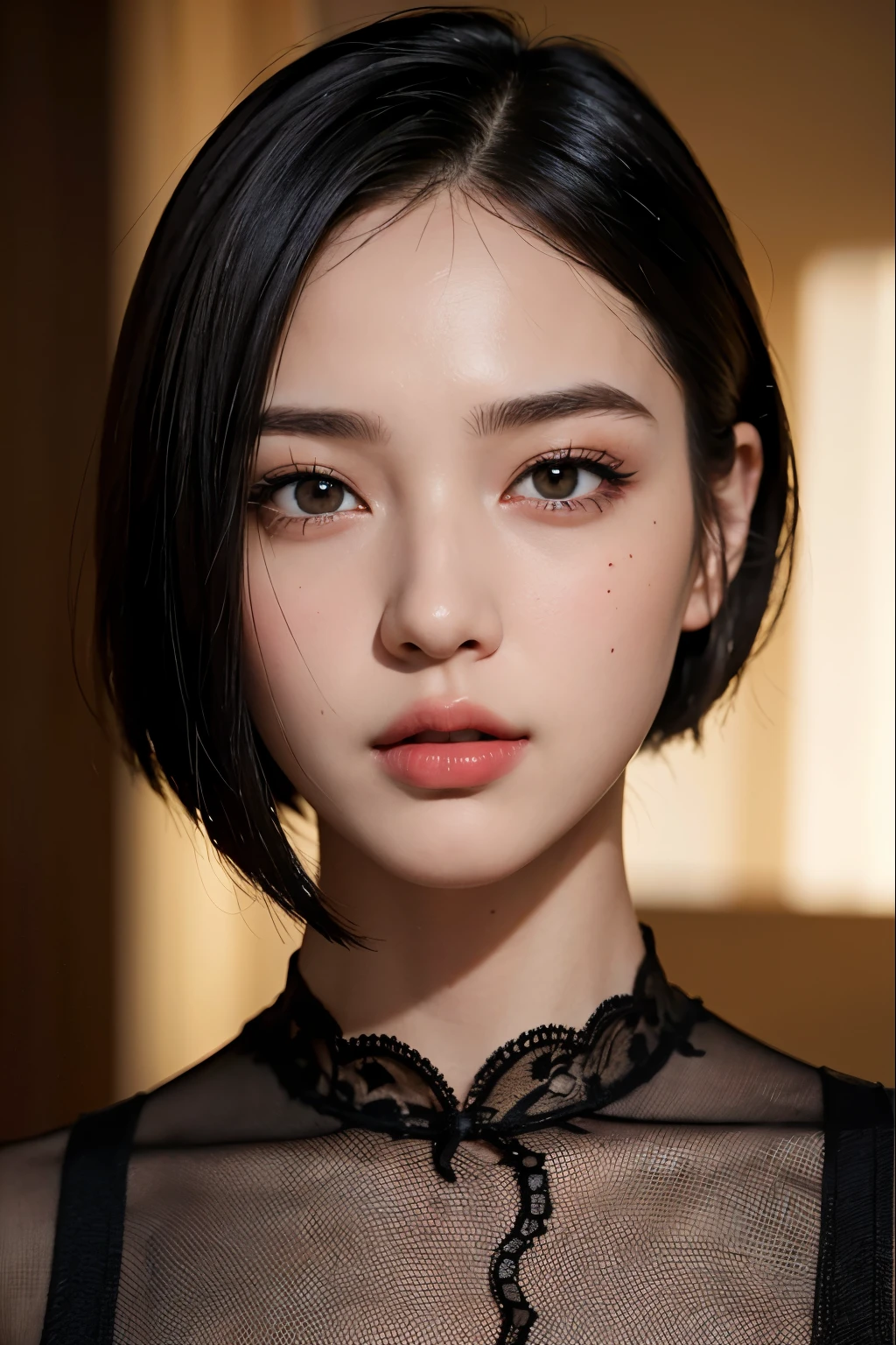 highest quality,masterpiece,very detailed,High resolution,4K,ultra High resolution,detailed shadow,ultra realistic,realistic,dramatic lighting,1 girl,alone,detailed face,realistic eyes,realistic skin,Black Bob Cut