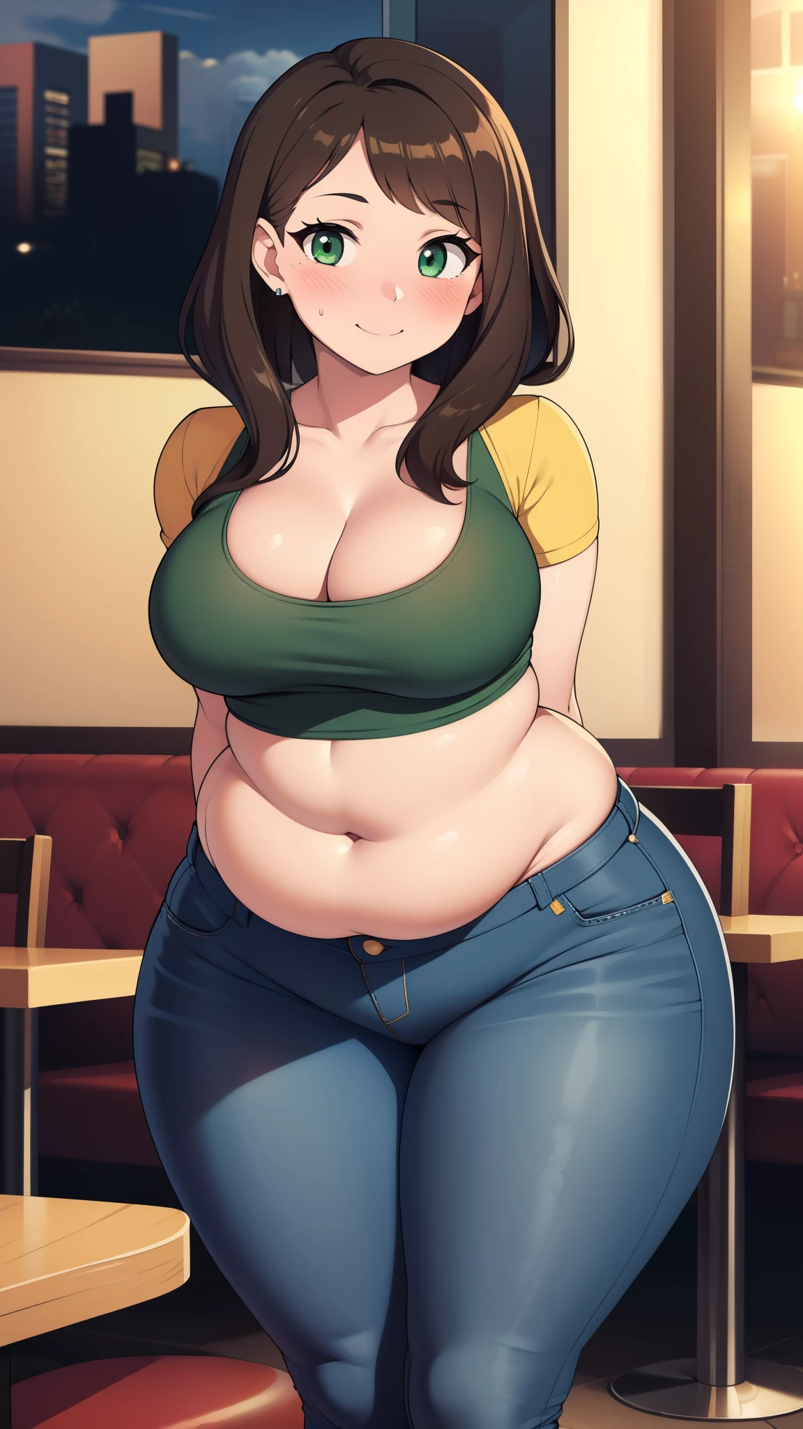 ((highres)), Masterpiece, high quality, best quality, beautiful, perfect lighting, detailed face, ultra cute face, looking at viewer, on a date, ((blush)), affectionate smile, ((1girl)), ((solo)), brown hair, fluffy hair, green eyes, jeans, crop top, tight clothes, fast food restaurant, medium breasts, cleavage, wide hips, ((thick thighs)), ((chubby)), chubby belly, standing, arms behind back,