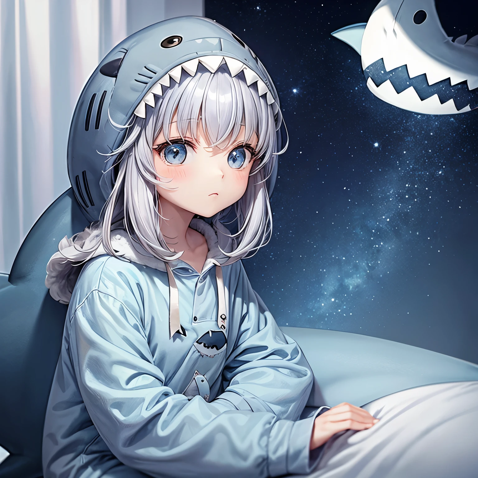 Little, Nendoroid, ((worst quality, low quality)), ((close), profile,1.5 facing left), ( girl), gray hair, (Fluffy shark costume pajamas:1.4), (open income:1.2), (Pale light blue pajamas:1.4), Animal Hoodie, (hood up:1.under the hoodie, oversized hoodie, five fingers, perfect hands, bedroom background, highest quality,Super detailed, masterpiece,