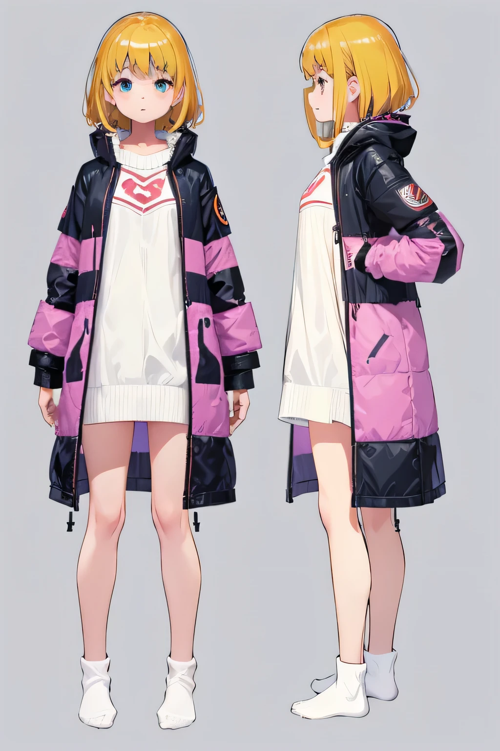 plusieurs vues, 1 fille de 11 ans, manteau, Pas de chaussures, Arrière-plan unique, fond blanc, tout le corps,