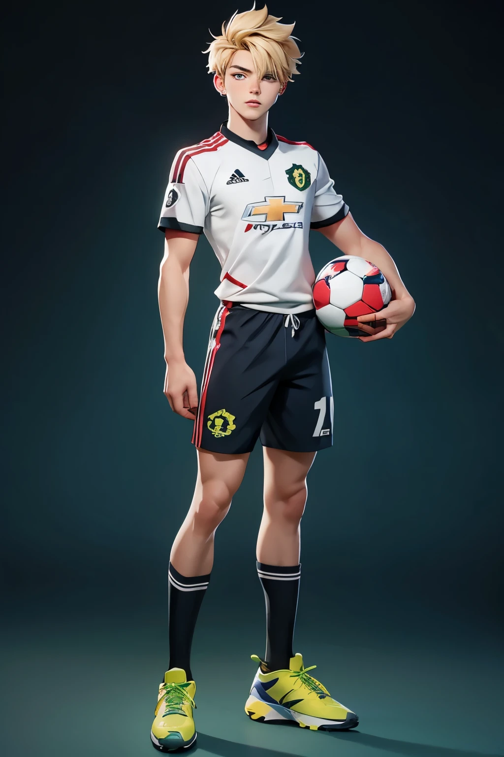 Football player : rasmus hojlund, football team name : manchester united, 21 year old, anime style, full body focus, vibrant glass background