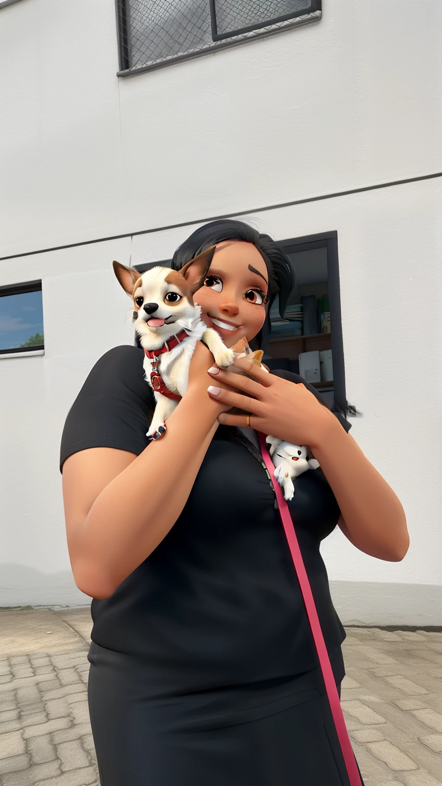 Tall woman with black hair and smiling holding a chihuahua in white and caramel colors close to her face