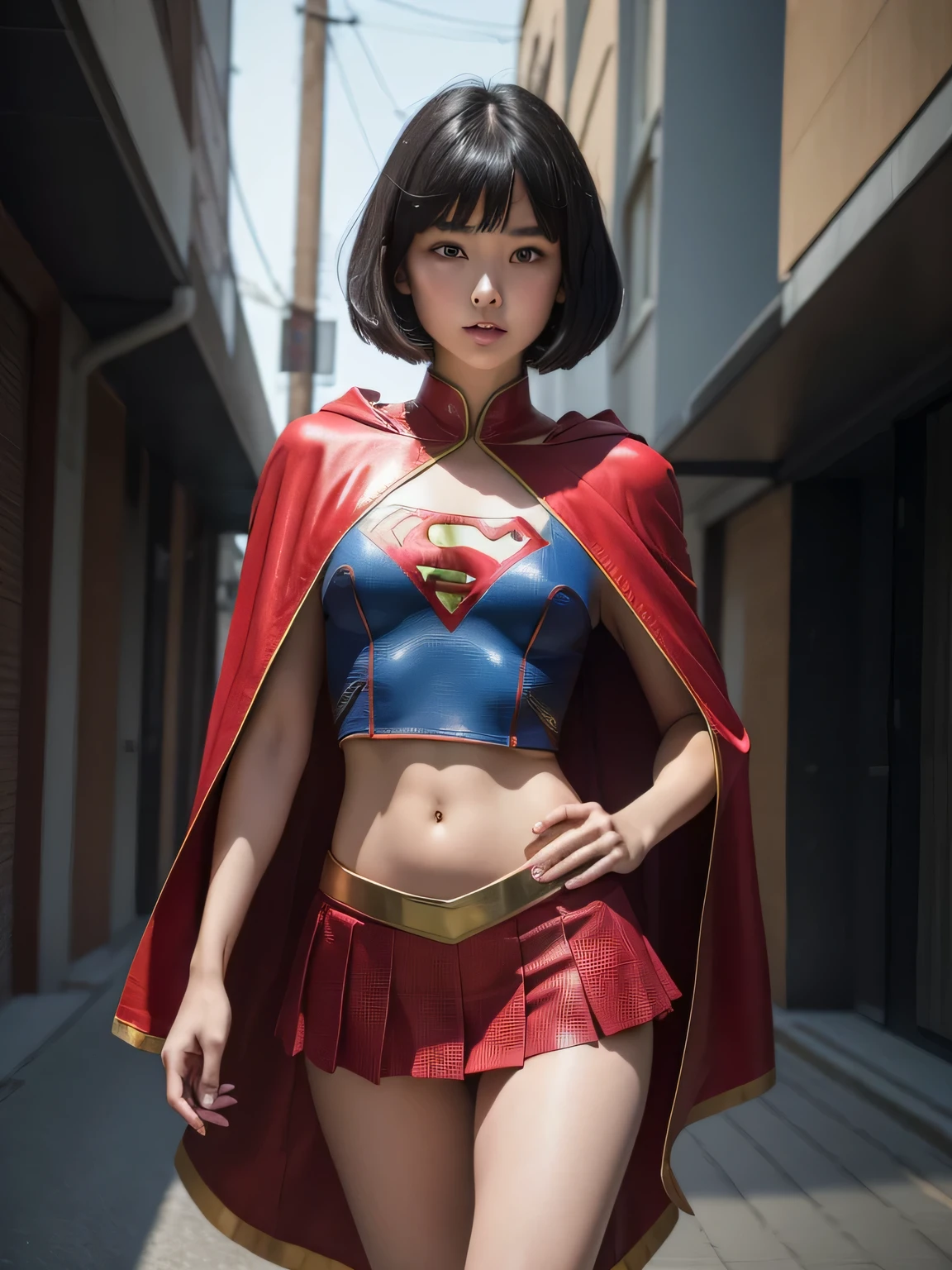 super girl'very elementary school student, masterpiece, highest quality, abstract, psychedelic, neon, (Honeycomb pattern), (creative:1.3), fantasy00d、 black hair、bob cut with trimmed ends、flat chest、Thin crotch、con、standing on the walkway、Glistening crotch、belly button、High-leg style、red cloak、pointed nipples