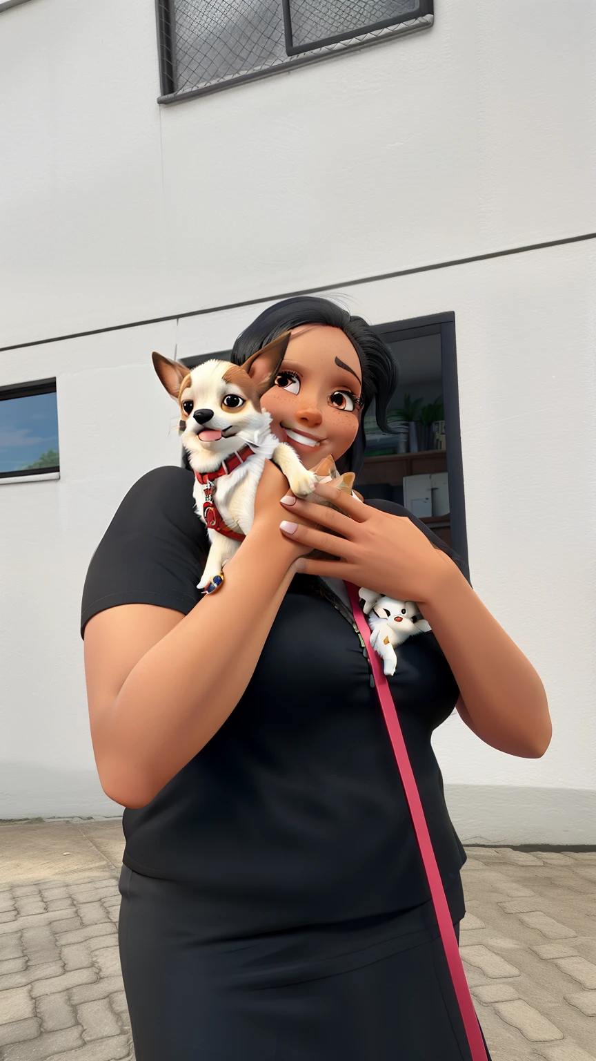 Tall woman with black hair and smiling holding a chihuahua in white and caramel colors close to her face