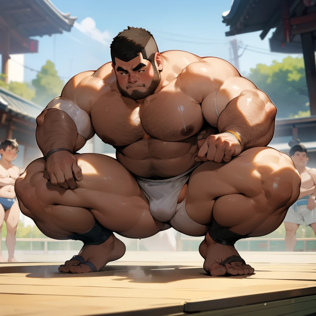 A thick man is 50yo in japan, 1man, crouching wide spread legs, dwarfism, Wearing a Sumo wrestler's white thong, Mawasi, shirtless, glasses, hairy, Bowleg, Bare legs, Bare Thigh, shirtless, obesity with a protruding belly, short stature and short limbs, Round face, crew cut, Shy, serious, outdoor sumo ring, a picture, high detail photo, masterpiece