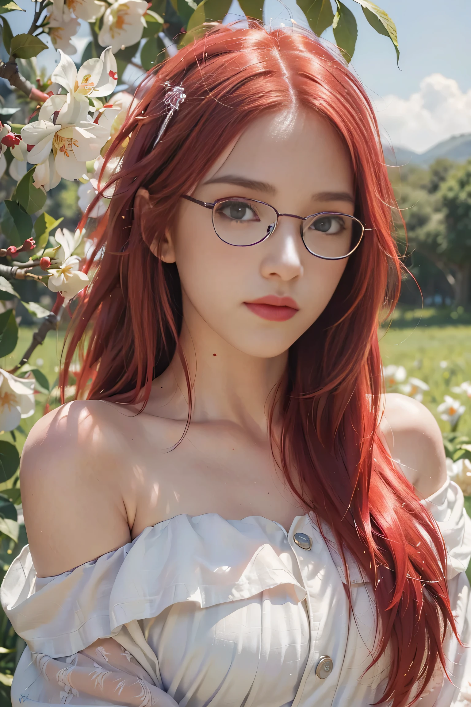 (best quality,Meisterwerk,ultra high resolution,fotorealistisch:1.4),RAW-Foto,1girl,White dress,Schulterfrei,Blossom flower field,strahlende Haut,soft smile, lange rote Haare, rote Augen, glasses, Karin Uzumaki, hellrote Haarfarbe