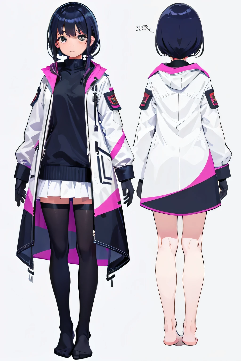 plusieurs vues, 1 fille de 11 ans, manteau, Pas de chaussures, Arrière-plan unique, fond blanc, tout le corps,