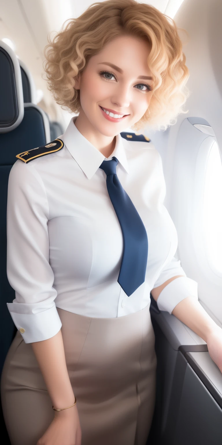 (white flight attendant uniform),looking at viewer,smiling,happy,curly blond short hair, standing, inside the airplane,