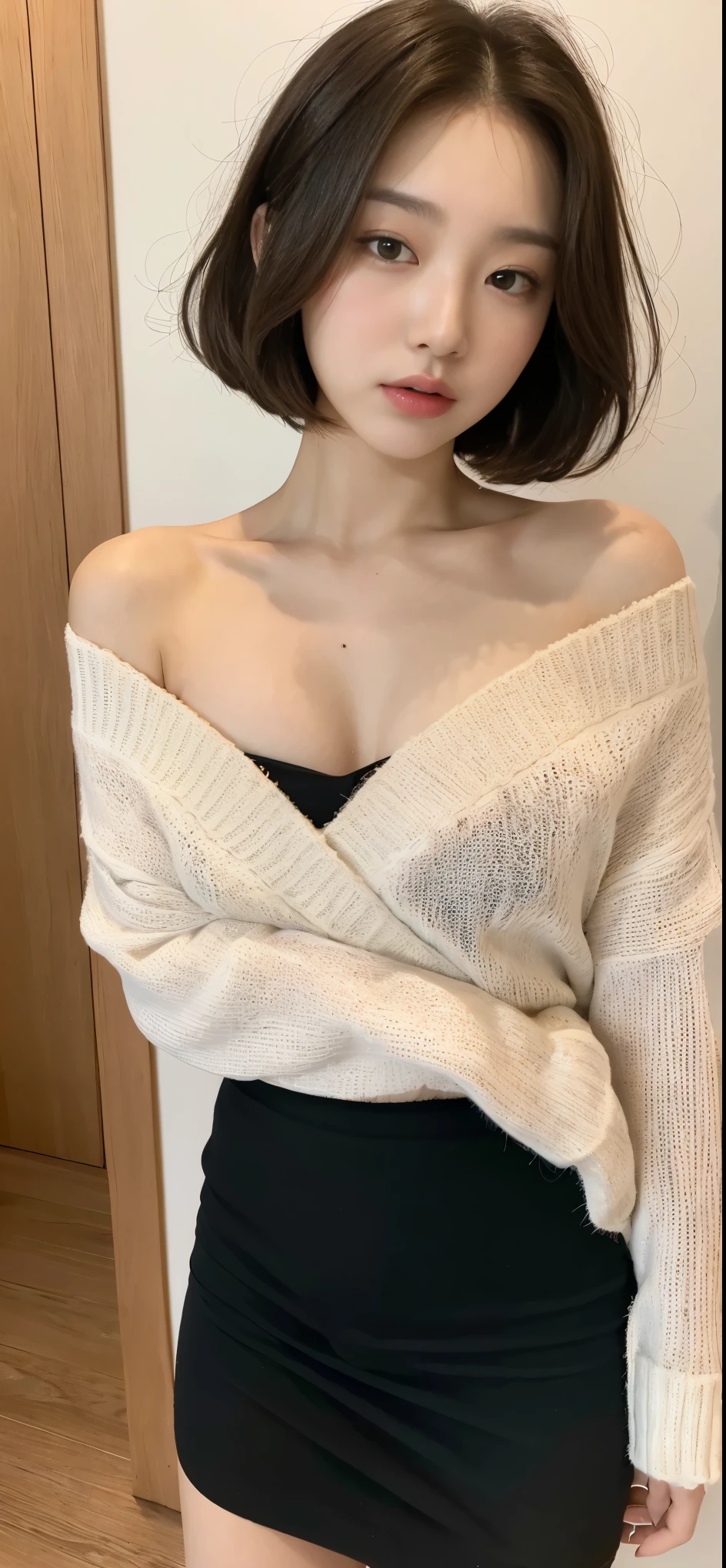 ((Best picture quality, 8K, masterpiece:1.3)), 1 korean girl, Beautiful woman with slender abs:1.3, (Hairstyles for short hair, Big breasts exposed:1.5), off shoulder sweater,Ultra-fine face, delicate eyes, double eyelids,Hip-wrapping miniskirt,leg wide open,Super cute,Bare chest,Look at the perspective from above,house,Boyfriend perspective,Without,bite lip,Extremely cute,luster,big-areola,front Photo