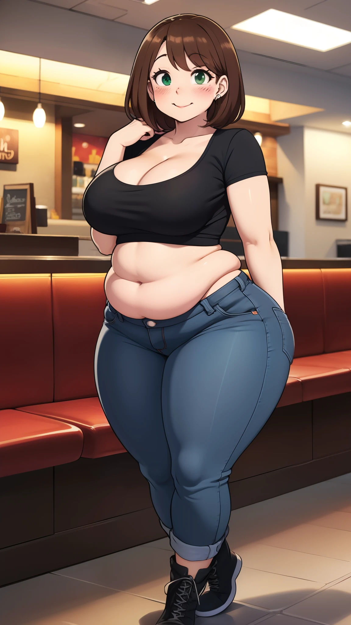 ((highres)), Masterpiece, high quality, best quality, beautiful, perfect lighting, detailed face, ultra cute face, looking at viewer, on a date, ((blush)), affectionate smile, ((1girl)), ((solo)), brown hair, fluffy hair, green eyes, jeans, crop top, tight clothes, fast food restaurant, medium breasts, cleavage, wide hips, ((thick thighs)), ((chubby)), chubby belly, standing, arms behind back, leaned over, cute pose,