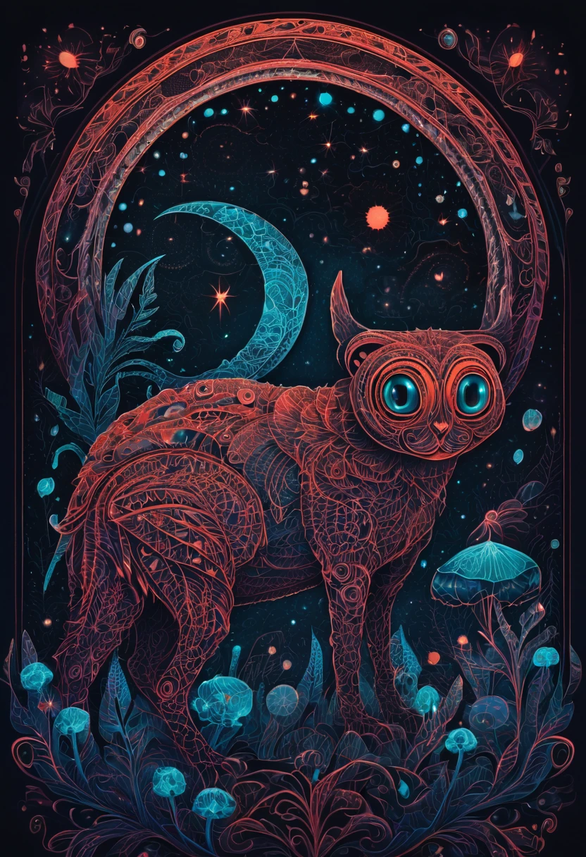 Create a visually stunning and captivating representation of never-before-seen magical creatures from Mars. These creatures are both cute and dark, with a unique bioluminescent quality. The design should incorporate elements of zentangle art, with intricate and mesmerizing patterns. The creatures should appear in a 3D format, with a cinematically-inspired background. Emphasize the mysterious and awe-inspiring nature of these creatures through the use of dark colors and contrasting bioluminescent zentangle lines. The final result should be a mesmerizing and otherworldly depiction of these unknown beings from the red planet. 