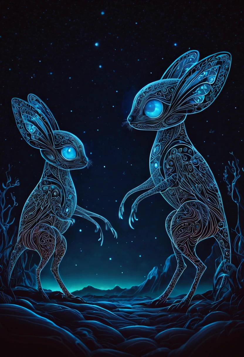 Create a visually stunning and captivating representation of never-before-seen magical creatures from Mars. These creatures are both cute and dark, with a unique bioluminescent quality. The design should incorporate elements of zentangle art, with intricate and mesmerizing patterns. The creatures should appear in a 3D format, with a cinematically-inspired background. Emphasize the mysterious and awe-inspiring nature of these creatures through the use of dark colors and contrasting bioluminescent zentangle lines. The final result should be a mesmerizing and otherworldly depiction of these unknown beings from the red planet. 