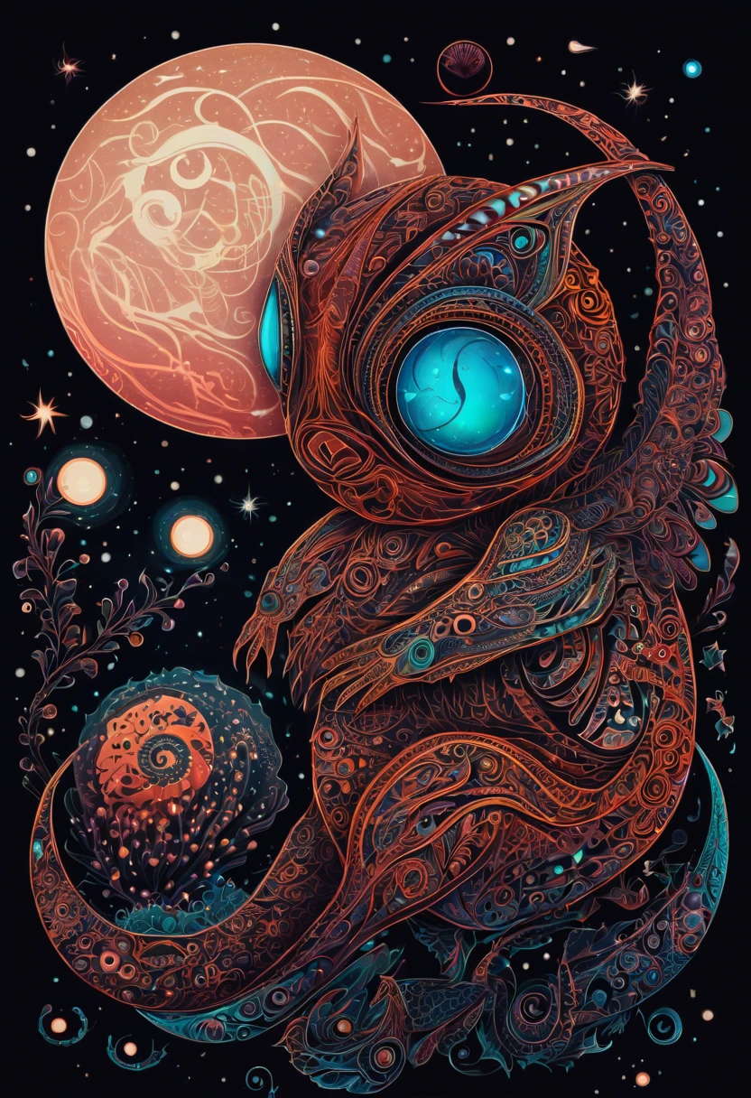 Create a visually stunning and captivating representation of never-before-seen magical creatures from Mars. These creatures are both cute and dark, with a unique bioluminescent quality. The design should incorporate elements of zentangle art, with intricate and mesmerizing patterns. The creatures should appear in a 3D format, with a cinematically-inspired background. Emphasize the mysterious and awe-inspiring nature of these creatures through the use of dark colors and contrasting bioluminescent zentangle lines. The final result should be a mesmerizing and otherworldly depiction of these unknown beings from the red planet.