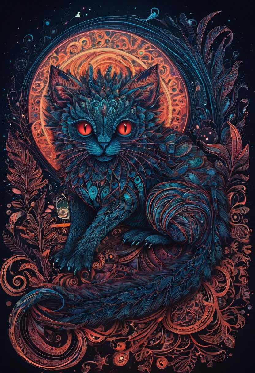 Create a visually stunning and captivating representation of never-before-seen magical creatures from Mars. These creatures are both cute and dark, with a unique bioluminescent quality. The design should incorporate elements of zentangle art, with intricate and mesmerizing patterns. The creatures should appear in a 3D format, with a cinematically-inspired background. Emphasize the mysterious and awe-inspiring nature of these creatures through the use of dark colors and contrasting bioluminescent zentangle lines. The final result should be a mesmerizing and otherworldly depiction of these unknown beings from the red planet. 