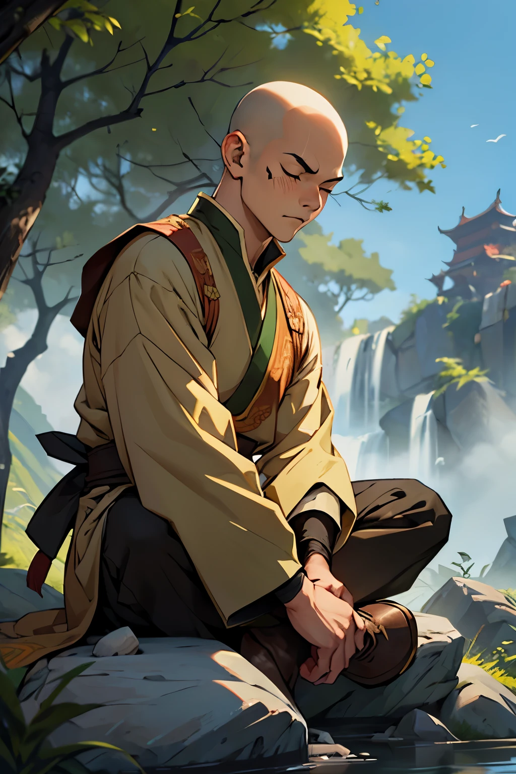 8k Avatar: The Last Airbender-style photo, 17-year-old teenager, scars on the face, cut in the middle of the face, wearing a medieval Chinese-style tunic in brown, green, and beige colors, fabric earrings in both ears, a headband in brown, green, and beige colors, bald, without hair, meditating pose on a stone outdoors, eyes closed, a bear cub on his shoulder, floating stones around