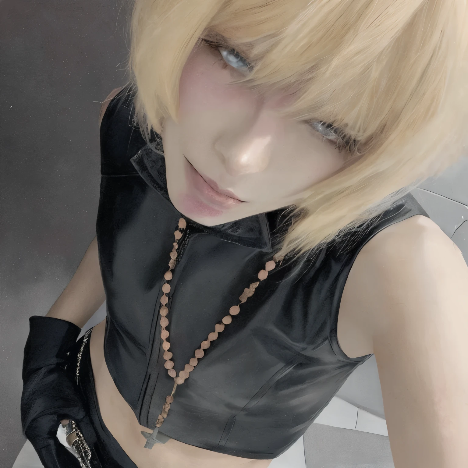 Hombre de pelo rubio con un top negro y guantes negros posando para una foto., parada cuatro *, parada cuatro, V de Devil May Cry As an Elf, taken in the early 2020s, como personaje de anime, Rena nunen estilo 3/4, ( ( parada cuatro # ) ), retrato de una mujer como mella Jungkook de BTS hiperrealista lindo rubio