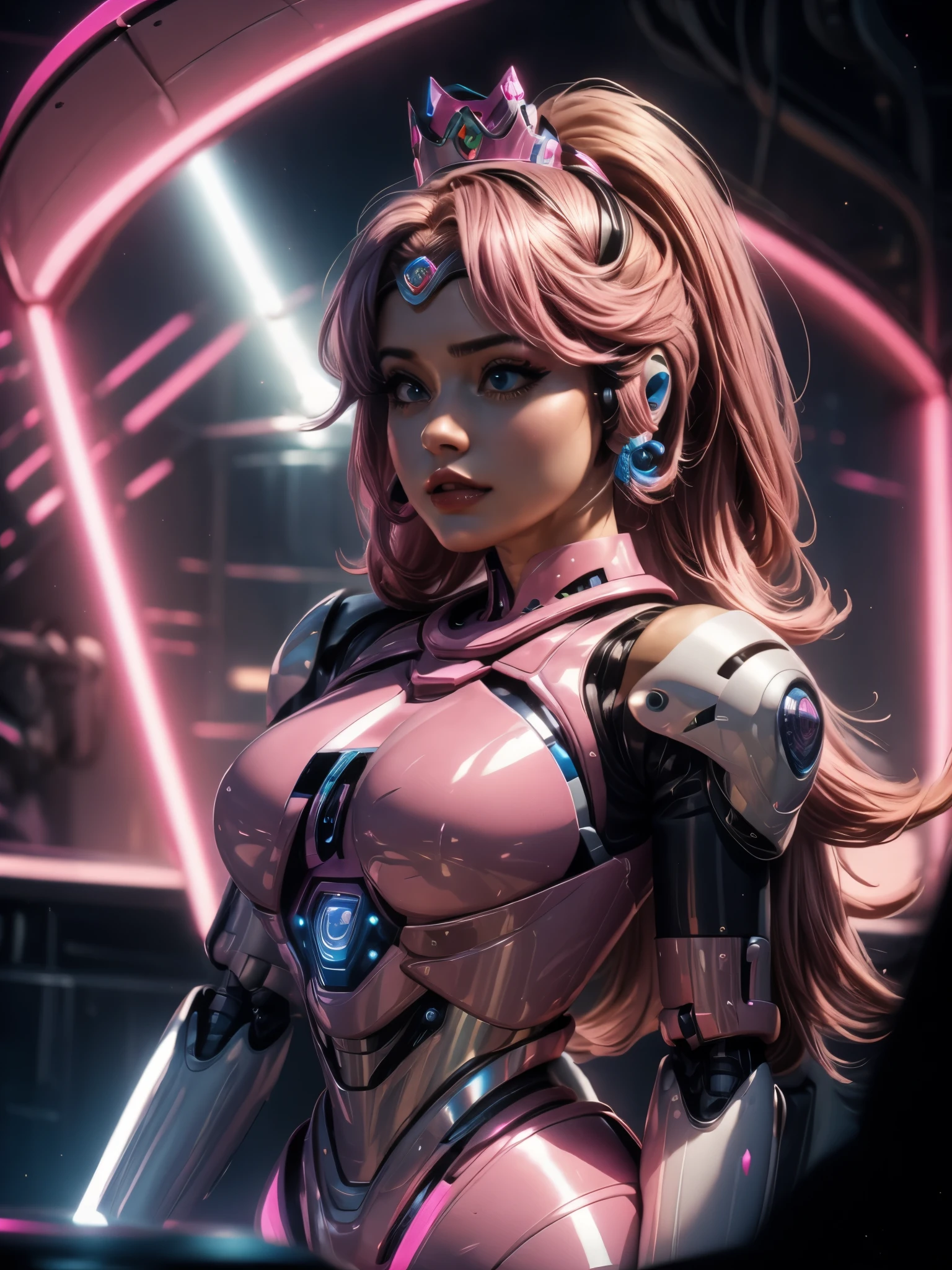 picture of princess peach from mario bros 2 parts, one she is human, another she's transformed into a robot and use silver lipstick, being reprogrammed, futuristic headset , ultrarrealistic. blue led eletronic pupils , glowing, high pony tail hair, auburn color, with two white front hair streaks, light curled hair, she stands up at atention, awaiting commands with blank expression, fitness body, 