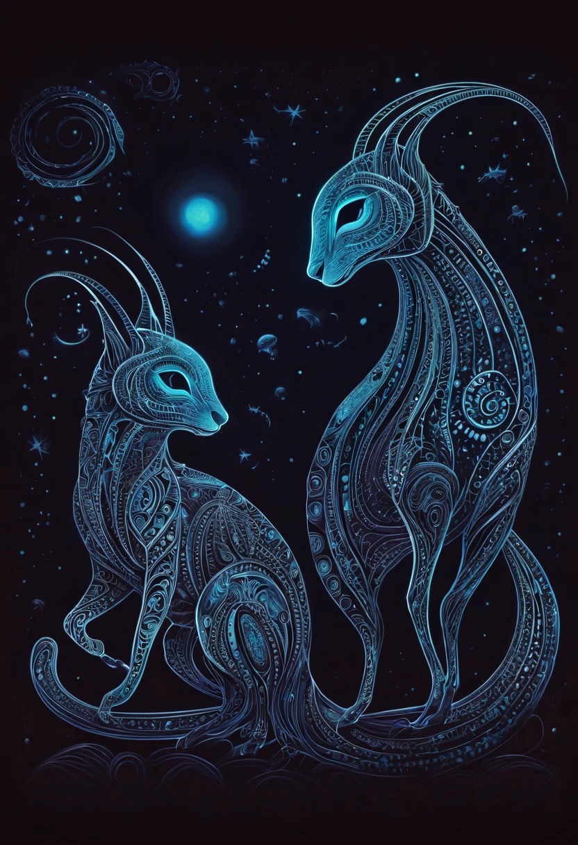 Create a visually stunning and captivating representation of never-before-seen magical creatures from Mars. These creatures are both cute and dark, with a unique bioluminescent quality. The design should incorporate elements of zentangle art, with intricate and mesmerizing patterns. The creatures should appear in a 3D format, with a cinematically-inspired background. Emphasize the mysterious and awe-inspiring nature of these creatures through the use of dark colors and contrasting bioluminescent zentangle lines. The final result should be a mesmerizing and otherworldly depiction of these unknown beings from the red planet.