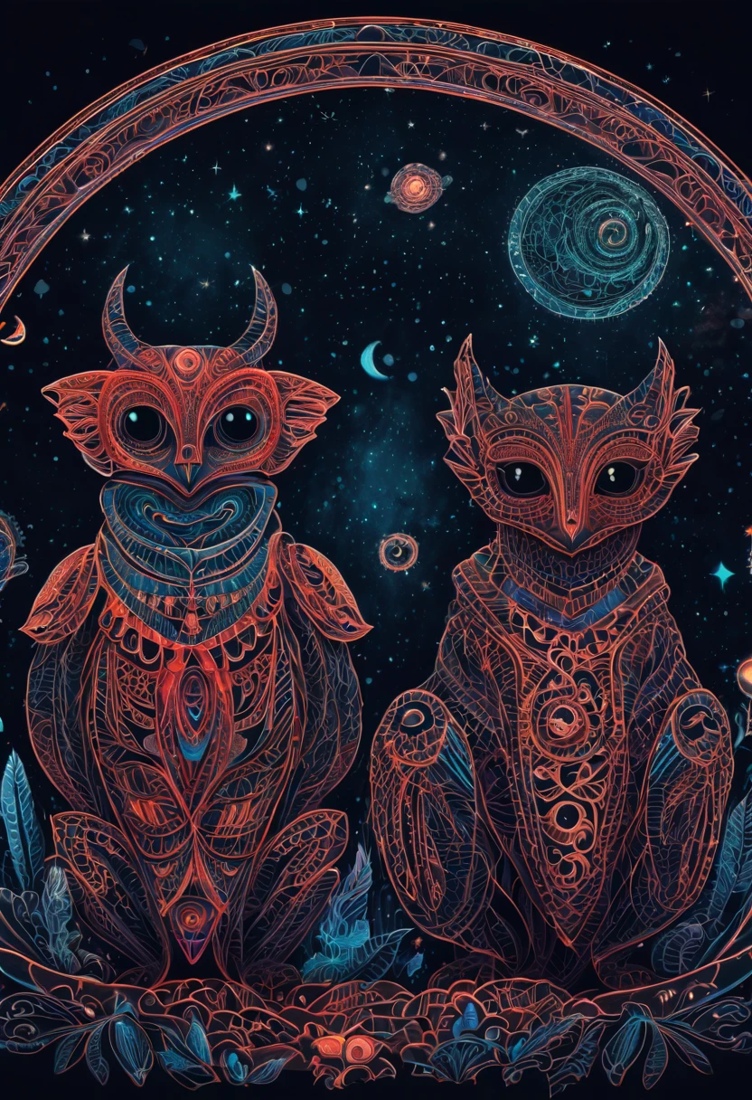 Create a visually stunning and captivating representation of never-before-seen magical creatures from Mars. These creatures are both cute and dark, with a unique bioluminescent quality. The design should incorporate elements of zentangle art, with intricate and mesmerizing patterns. The creatures should appear in a 3D format, with a cinematically-inspired background. Emphasize the mysterious and awe-inspiring nature of these creatures through the use of dark colors and contrasting bioluminescent zentangle lines. The final result should be a mesmerizing and otherworldly depiction of these unknown beings from the red planet. 