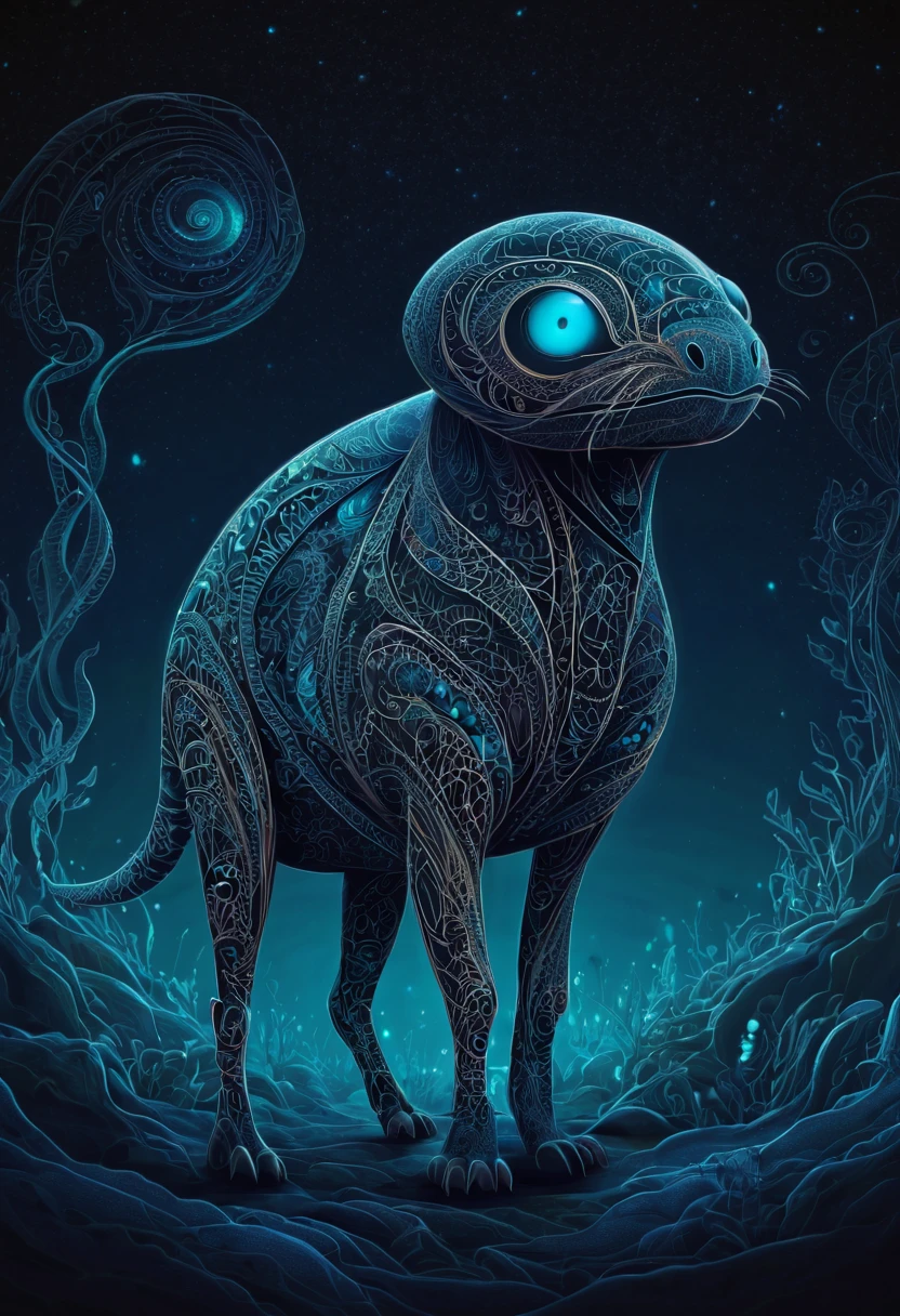 Create a visually stunning and captivating representation of never-before-seen magical creatures from Mars. These creatures are both cute and dark, with a unique bioluminescent quality. The design should incorporate elements of zentangle art, with intricate and mesmerizing patterns. The creatures should appear in a 3D format, with a cinematically-inspired background. Emphasize the mysterious and awe-inspiring nature of these creatures through the use of dark colors and contrasting bioluminescent zentangle lines. The final result should be a mesmerizing and otherworldly depiction of these unknown beings from the red planet. 