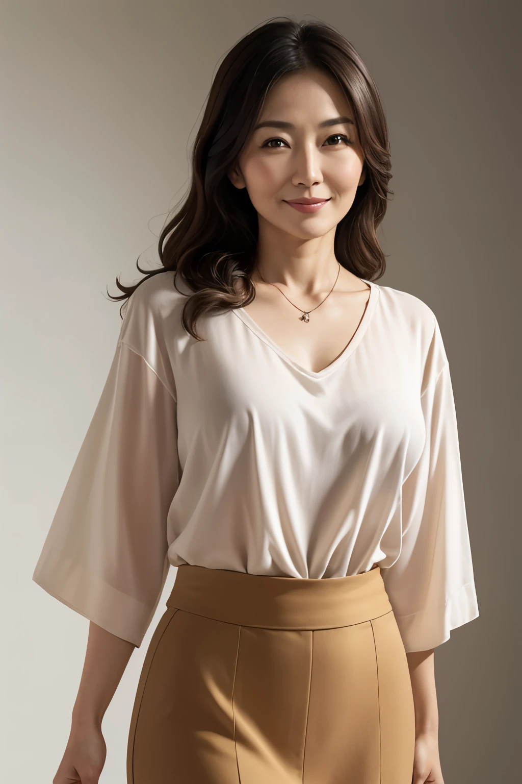 ((masterpiece, ultra high quality, 8K resolution, extremely detailed)), (photo realistic), sexy slender mature woman, ((50 years old Japanese)), (slight wrinkle on face), pretty shaped breast, large udder, elegant hair, tanned skin, necklace, ((semi-transparent v-neck loose cotton blouse)), skirt, posing for magazine, hand on cheek, eyes looking at viewer, little smile, sun light protruding, simple background, vivid color palette
