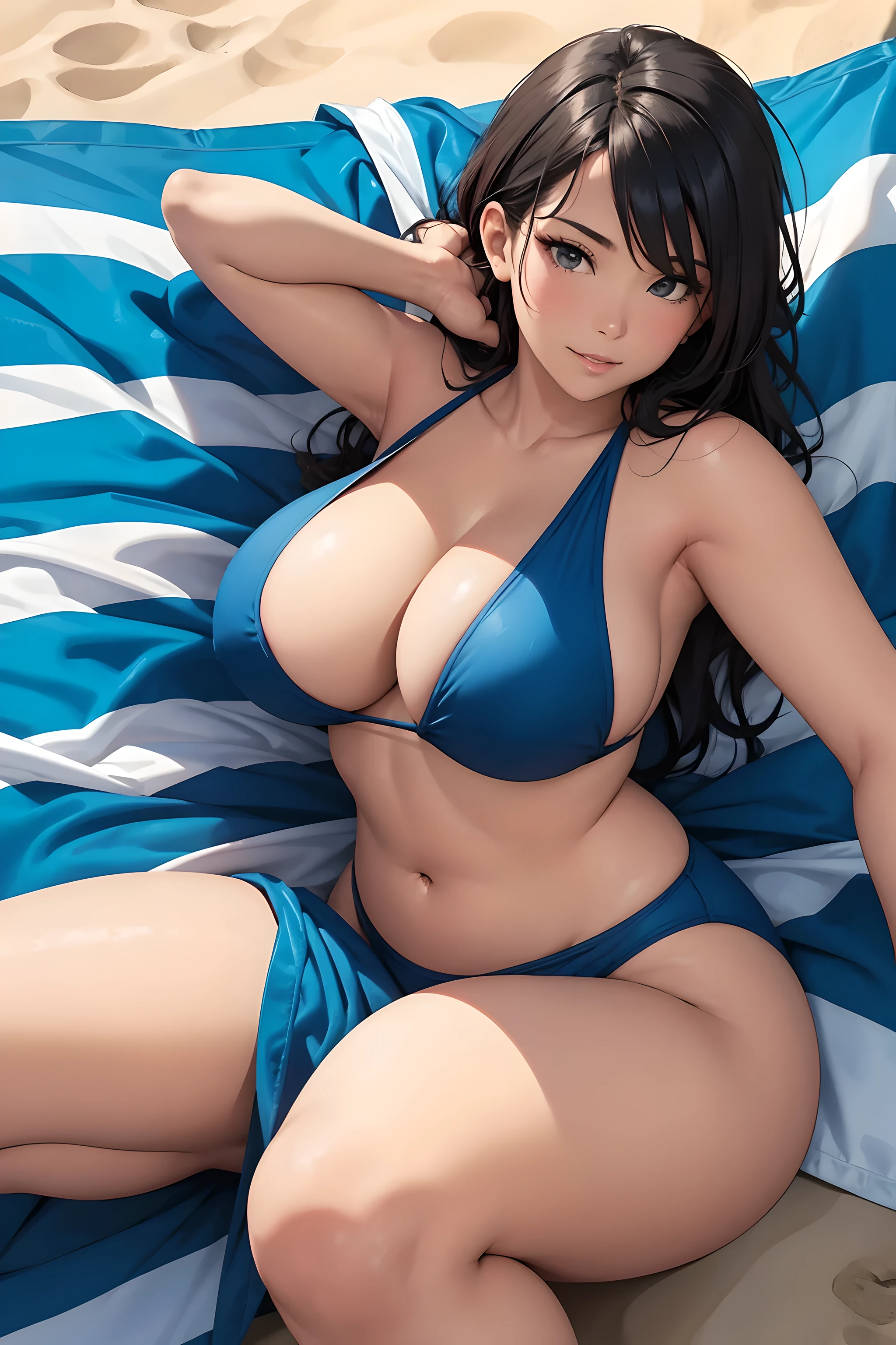 Shot from above, Close up, a curvy woman lying back down on a beach towel, beach, glossy skin, smirk, sexy bikini