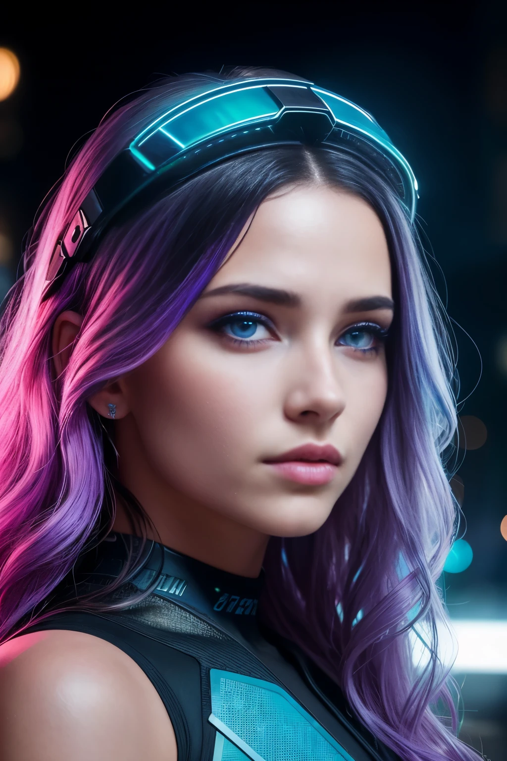 Beautiful girl with a mesmerizing face, adorned with a LED eye helmet in a cyberpunk 2050 style. Her long hair cascades down her back in soft waves, framing her vibrant blue eyes that sparkle with energy. The gray texture of her skin is highlighted by the Christian blue color, adding depth and dimension to her features. Surrounded by a captivating purple gradient background, this cinematic portrait is brought to life with vivid colors and exceptional details. Sharp and clear, every intricate line and curve is captured in stunning 4k resolution, making this photorealistic image a true work of art and a testament to realism and perfection.

(
