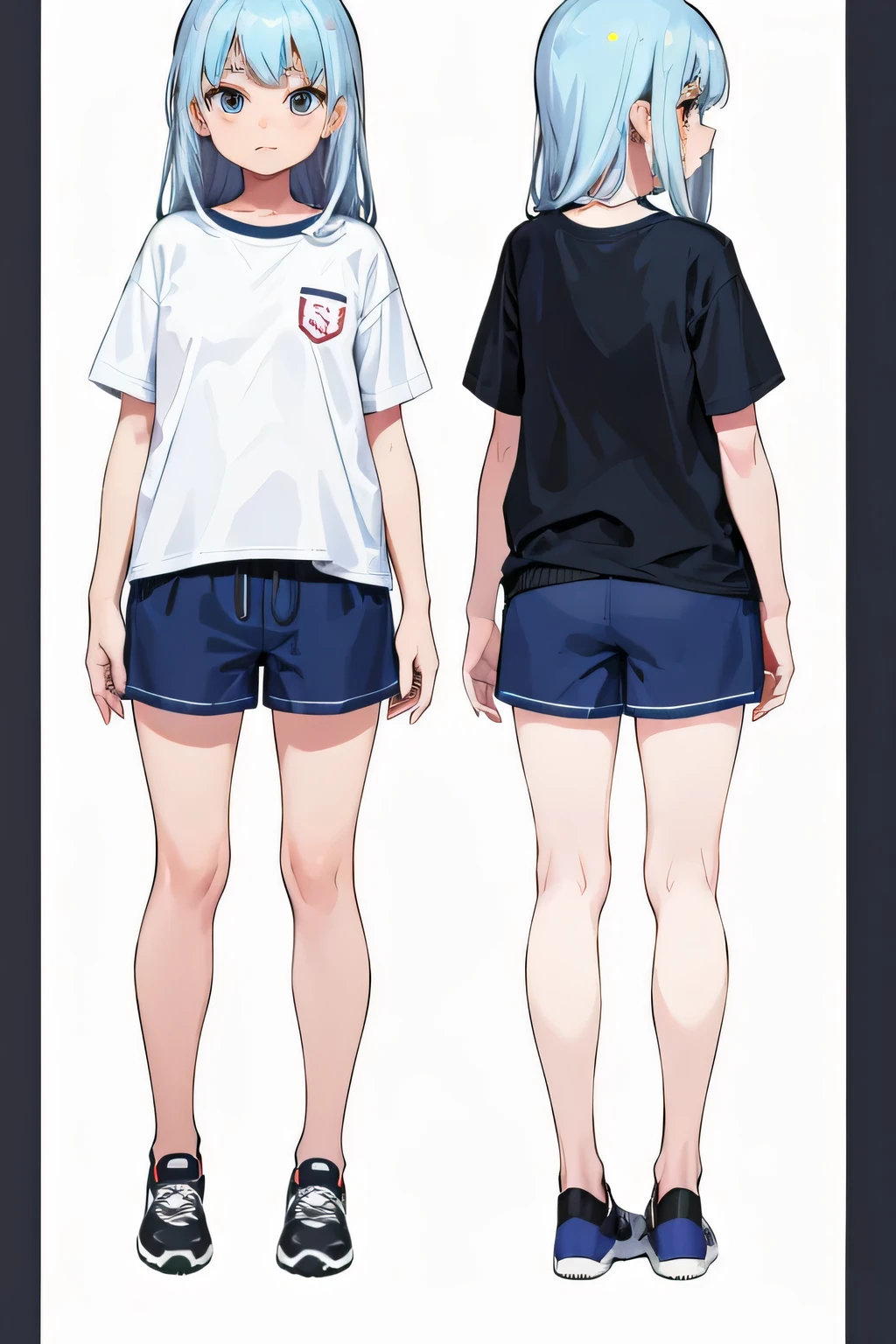 plusieurs vues, 1 fille de 11 ans, T-shirt, shorts, baskets, Arrière-plan unique, fond blanc, tout le corps,