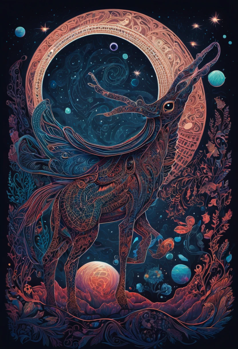 Create a visually stunning and captivating representation of never-before-seen magical creatures from Mars. These creatures are both cute and dark, with a unique bioluminescent quality. The design should incorporate elements of zentangle art, with intricate and mesmerizing patterns. The creatures should appear in a 3D format, with a cinematically-inspired background. Emphasize the mysterious and awe-inspiring nature of these creatures through the use of dark colors and contrasting bioluminescent zentangle lines. The final result should be a mesmerizing and otherworldly depiction of these unknown beings from the red planet.