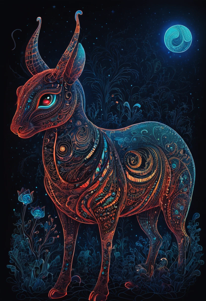 Create a visually stunning and captivating representation of never-before-seen magical creatures from Mars. These creatures are both cute and dark, with a unique bioluminescent quality. The design should incorporate elements of zentangle art, with intricate and mesmerizing patterns. The creatures should appear in a 3D format, with a cinematically-inspired background. Emphasize the mysterious and awe-inspiring nature of these creatures through the use of dark colors and contrasting bioluminescent zentangle lines. The final result should be a mesmerizing and otherworldly depiction of these unknown beings from the red planet. 
