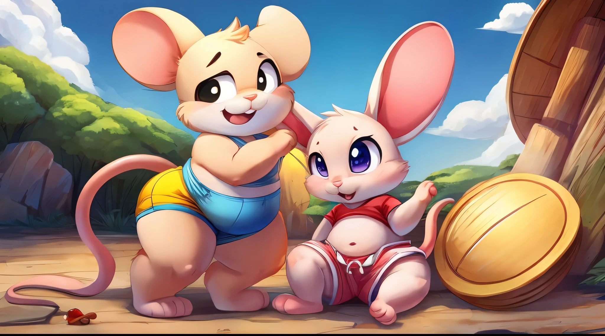 A cute adorable rabbit, with his big round and soft butt wearing shorts. And a cute adorable anthropomorphic mice, being dominated by him