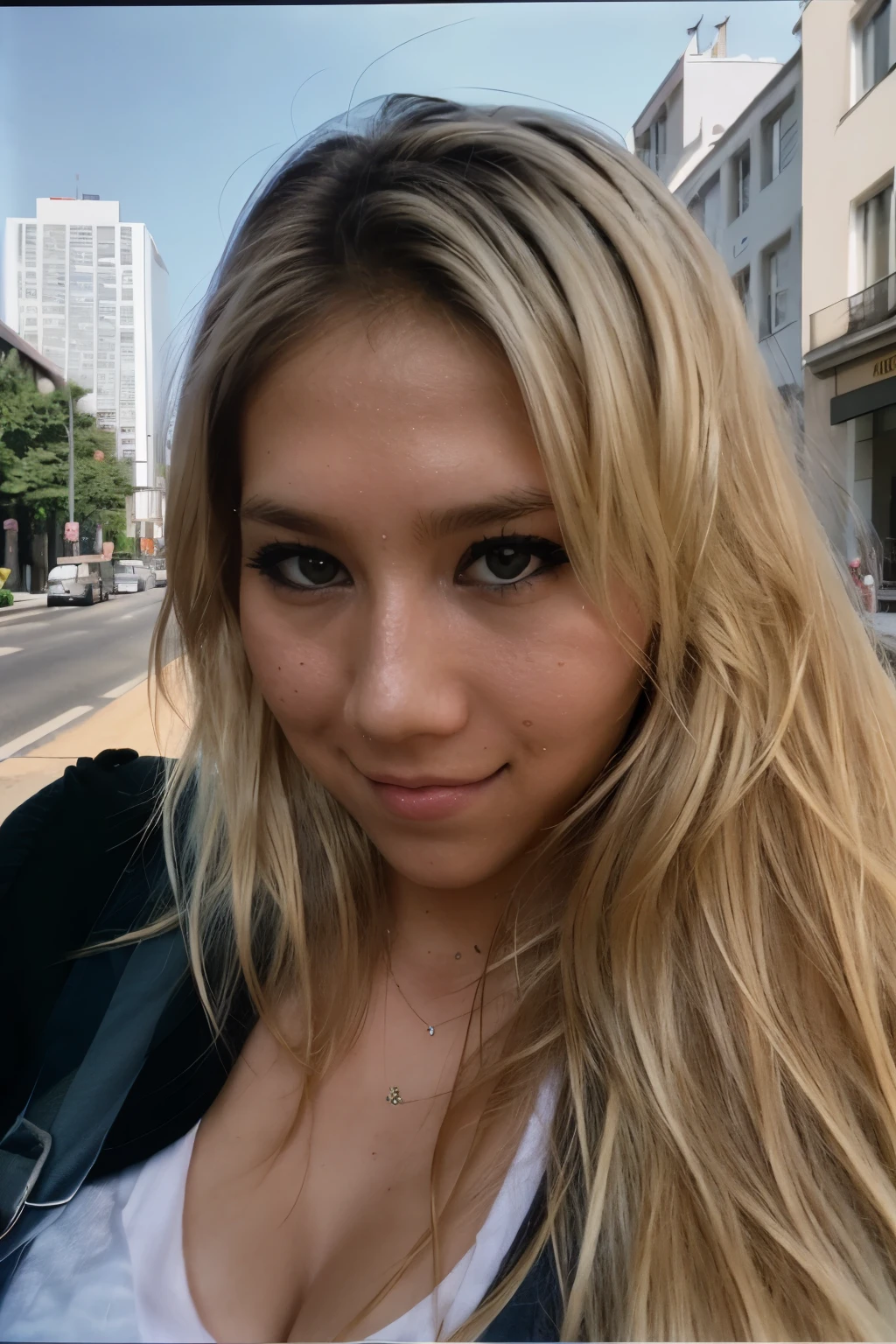 ultra realistic photo of annkou, 25 years old, selfie in the street, blonde, (high detailed skin:1.2), dslr, soft lighting, high quality, film grain, Kodak Portra 400