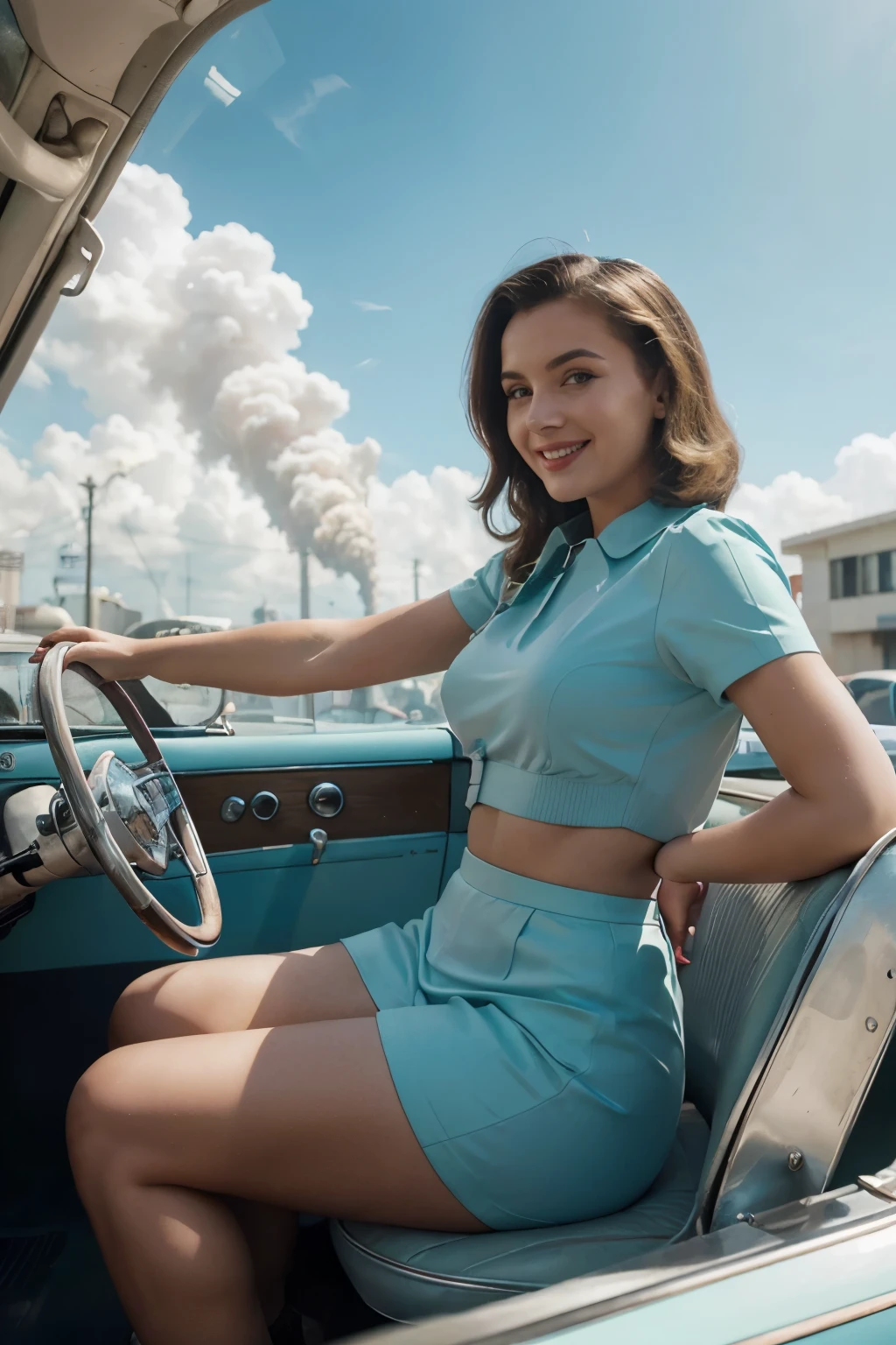 Futuristic future in 1950s style girl sits behind the wheel of a car, smiles and smokes , photo kodak, 8K realism, clear textures, bright pastel colors, people stand opposite and wave at her 