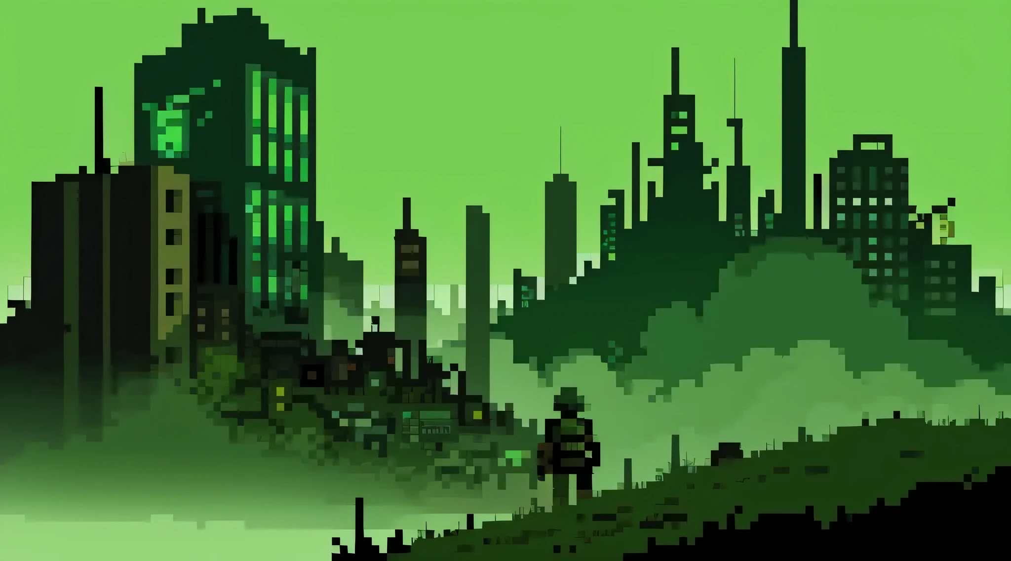a post-apocalyptic city covered in green fog, Estilo de pixel art de 8 bits