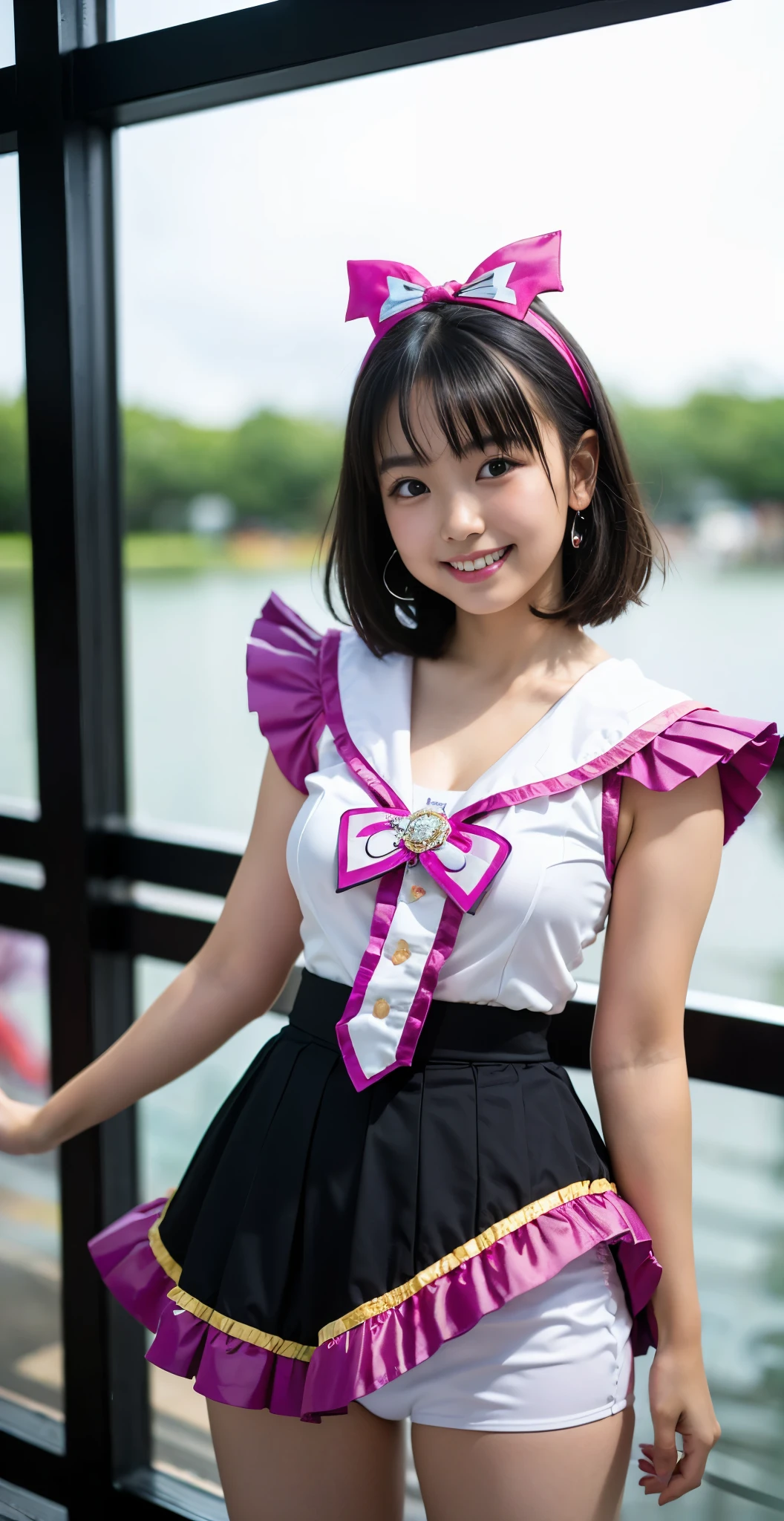 （8K、Raw photography、highest quality、masterpiece：1.2),(black hair、very short hair:1.7),show viewer,Looking at the front,(super sentai series、She is wearing a colorful PreCure series costume...:1.7)、(Clothing that emphasizes the shape of your chest:1.3)、(big breasts :1.2)、slim body shape、ultra high resolution,beautiful,beautiful fece,(alone, alone、no background:1.9),whole bodyボディー,、(black eye、japanese woman: 1.3),（Photoreal：1.37）、photon mapping,reality、(Cute with a : 1.3)、(cute smile: 1.7)、(With a round face: 1.9)、radio city、Physically based rendering、depth of field rally background、photograph, (I can see your knees,close up of thighs、skirt is too short、spread your legs、showing off white panties:1.3),whole body、super fine