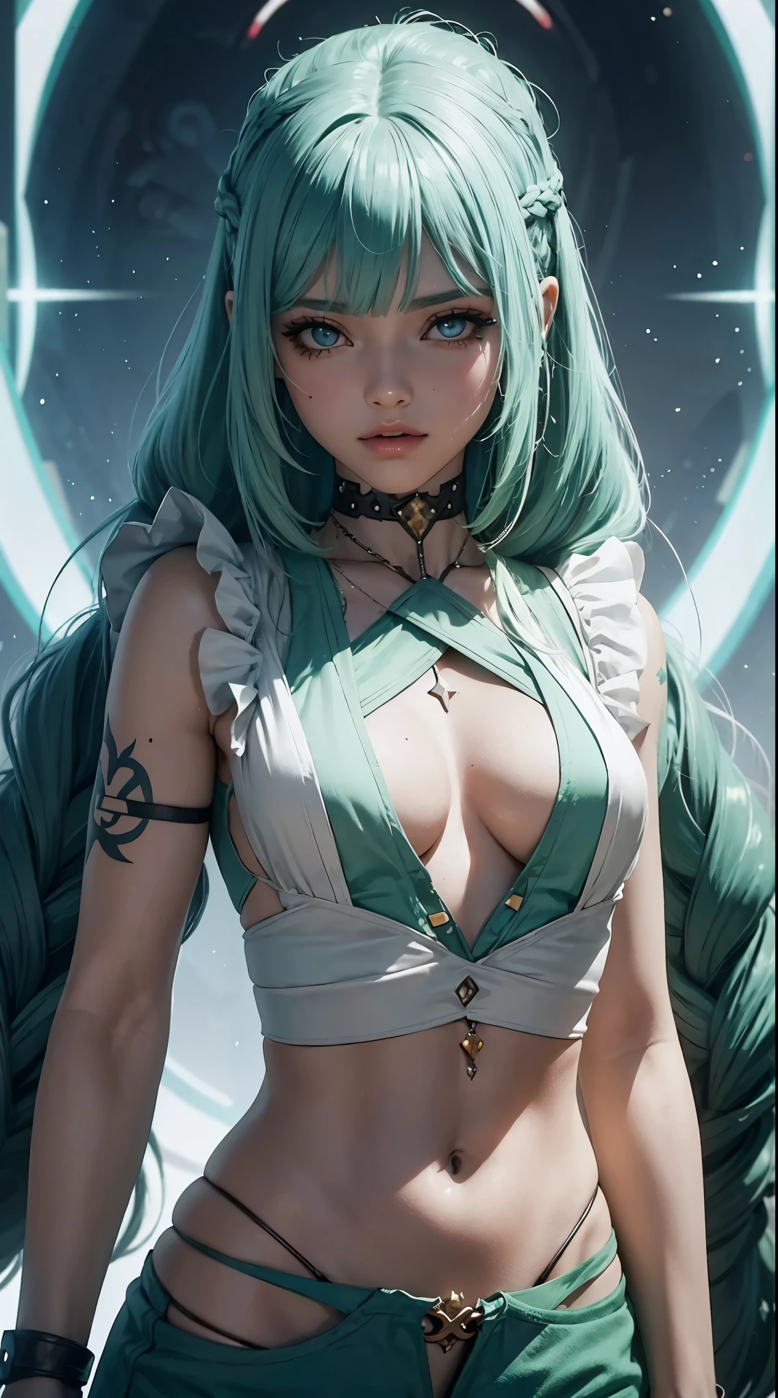 uma mulher com cabelo verde e tatuagens, mulher cyberpunk mulher anime, pants, Deusa cyberpunk raivosa bonita, estilo de arte cyberpunk, arte digital de anime cyberpunk, arte de anime cyberpunk, Arcane, Retrato, arte de anime cyberpunk, arte com tema cyberpunk, cyberpunk fantasia sombria, estilo arcano, 1 garota, stars tattoo on arm, asymmetrical bangs, franja, cabelo verde, green braids, camisa marrom, tatuagem de estrelas, lateralmente, cabelo verde, cabelo longo, olhos cor de rosa, Red lips, standing , tatuagem de nuvem, Twin braids. Jinx de arcano. Garota de cabelo verde, garota de Twin braids, uma garota em um lugar em chamas, spark, esferas de luz, Film Poster, Arcane\(Liga das Lendas\