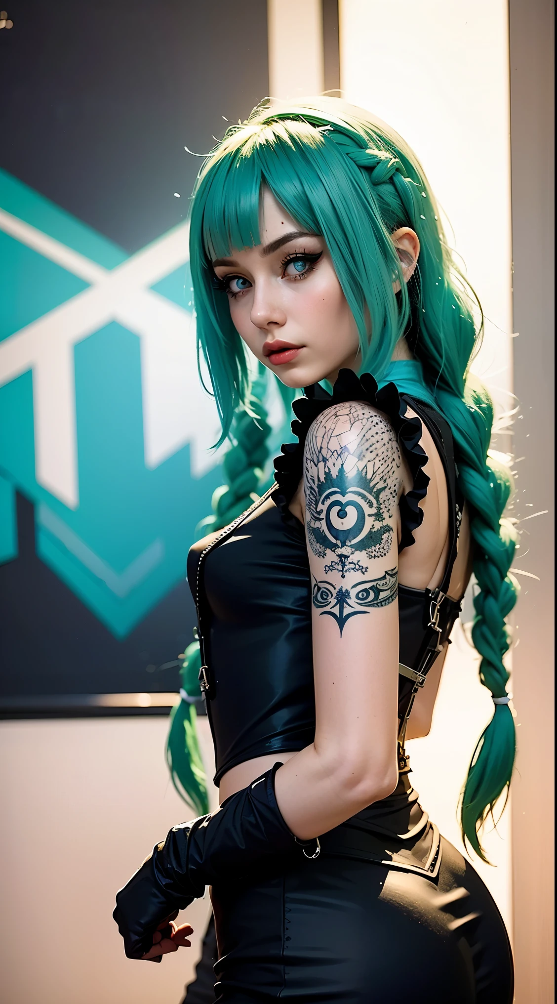 uma mulher com cabelo verde e tatuagens, mulher cyberpunk mulher anime, pants, Deusa cyberpunk raivosa bonita, estilo de arte cyberpunk, arte digital de anime cyberpunk, arte de anime cyberpunk, Arcane, Retrato, arte de anime cyberpunk, arte com tema cyberpunk, cyberpunk fantasia sombria, estilo arcano, 1 garota, stars tattoo on arm, asymmetrical bangs, franja, cabelo verde, green braids, camisa marrom, tatuagem de estrelas, lateralmente, cabelo verde, cabelo longo, olhos cor de rosa, Red lips, standing , tatuagem de nuvem, Twin braids. Jinx de arcano. Garota de cabelo verde, garota de Twin braids, uma garota em um lugar em chamas, spark, esferas de luz, Film Poster, Arcane\(Liga das Lendas\