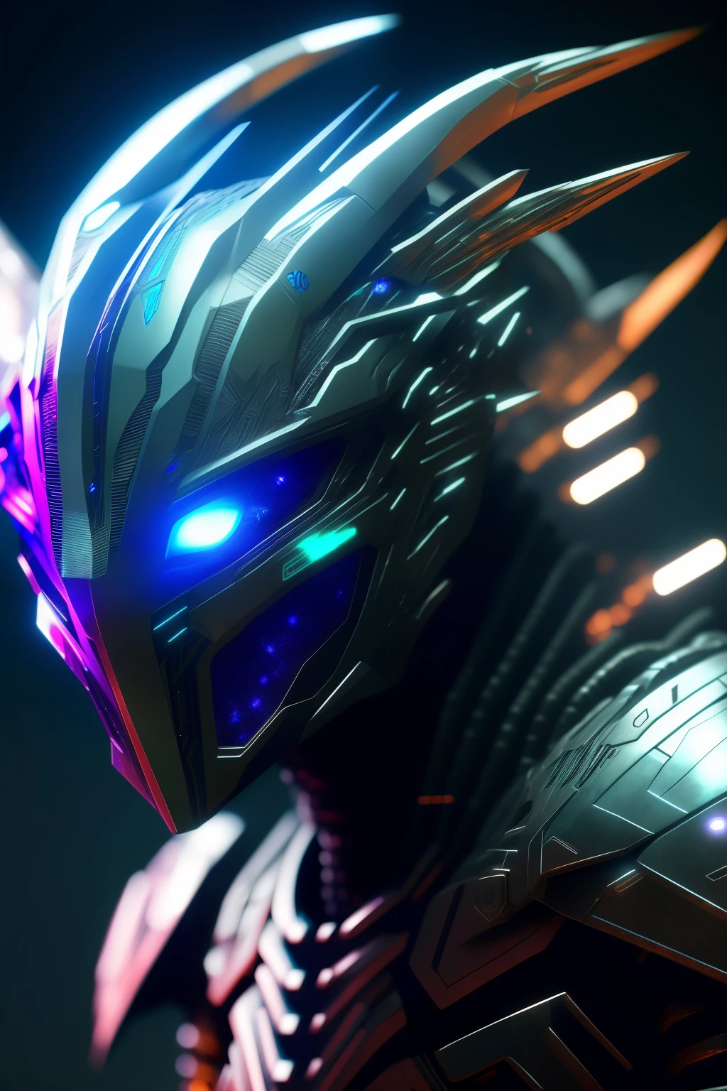 A predator alien with a LED eye helmet, imposing presence in the cinematic style of Cyberpunk 2050, sporting a gray textured body with blue color highlights. The alien's eyes gleam with a purple gradient background, adding an enigmatic and otherworldly aura. The details are remarkably sharp, making every texture, every vein, and every mechanical component on the alien's body visibly distinct in the 4k, photorealistic image. This high resolution and realistic representation captures the essence of the predator alien, making it an exceptional addition to any collection or digital display.