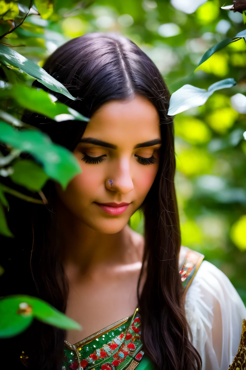 A stunning wildlife photography session in 4K, capturing a warrior woman with dark hair and elven features, dressed as an archer. The shoot takes place in a lush elven forest, with a head-to-toe view of the elven warrior on the ground, surrounded by vibrant green grass and falling leaves. The sun filters through the trees, casting beautiful colors and creating an enchanting atmosphere. Shot with a Canon EOS R8 AR 16:9 in macro mode and a 50mm focal length, the image is taken with an F5 aperture and a speed of 1/500 sec, creating sharp details and capturing the essence of this el