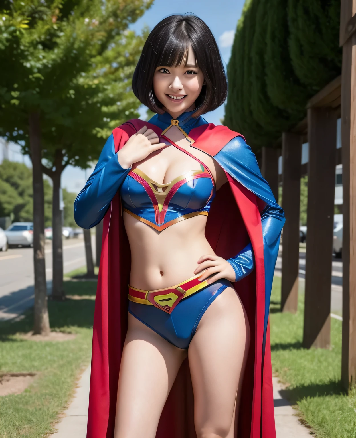 super girl&#39;very elementary school student, masterpiece, highest quality, abstract, psychedelic, neon, (Honeycomb pattern), (creative:1.3), fantasy00d、 black hair、bob cut with trimmed ends、flat chest、Thin crotch、con、standing on the walkway、Glistening crotch、belly button、High-leg style、red cloak、pointed nipples、smile、&#39;face