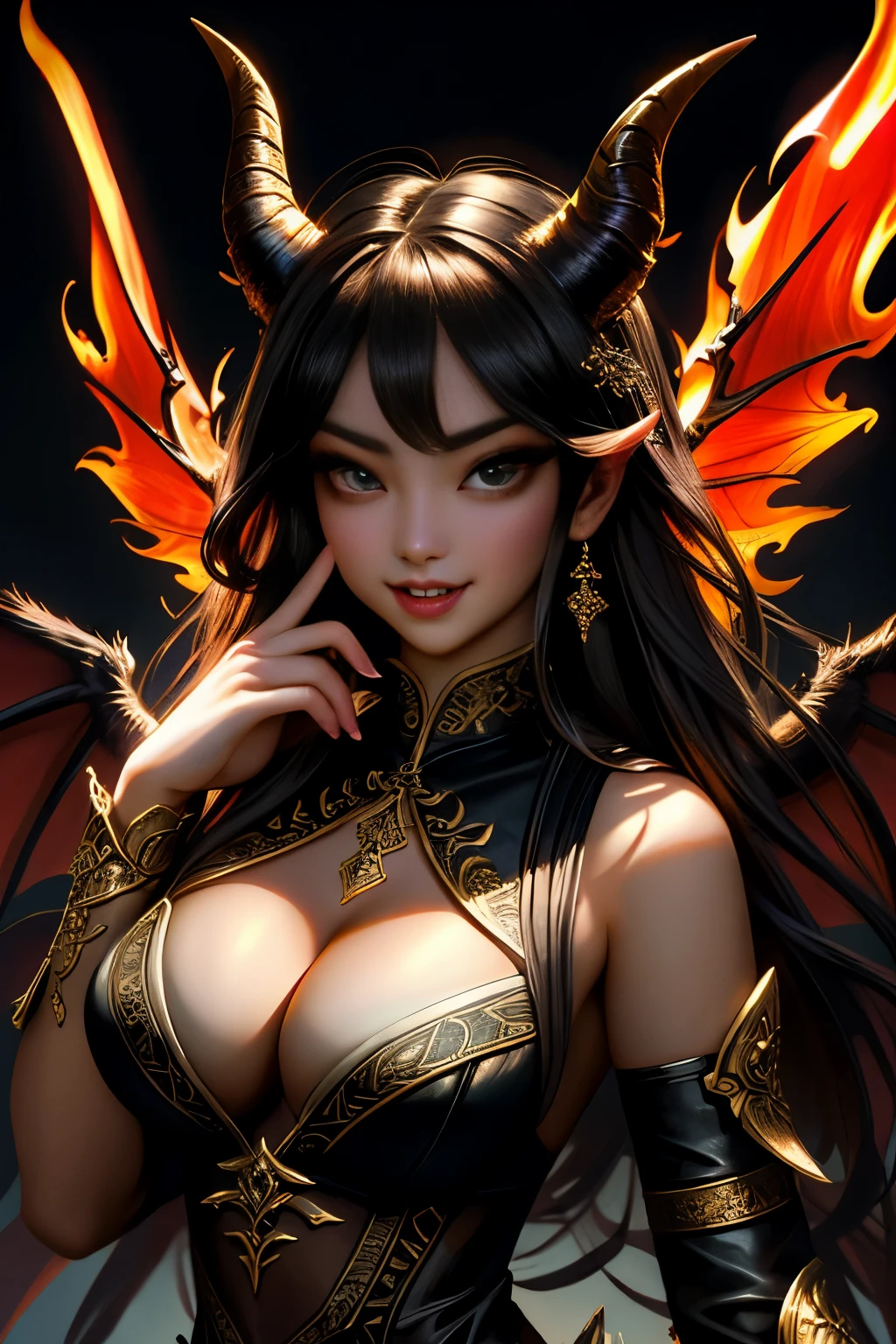 (Best quality, Masterpiece:1.2), 超高分辨率, Front lighting, intricately details, Exquisite details and textures, (Beautiful detailed eyes), (Beautifully detailed face), (Detailed skin:1), absurderes, Cinematic lighting, Dynamic Angle, Dynamic pose, Soft shadows,
A succubus in a tights, Horns, poison fangs, Seductive pose,
Chains, whips, Fire,
Hell scenery,Normal chest,Spread demon wings