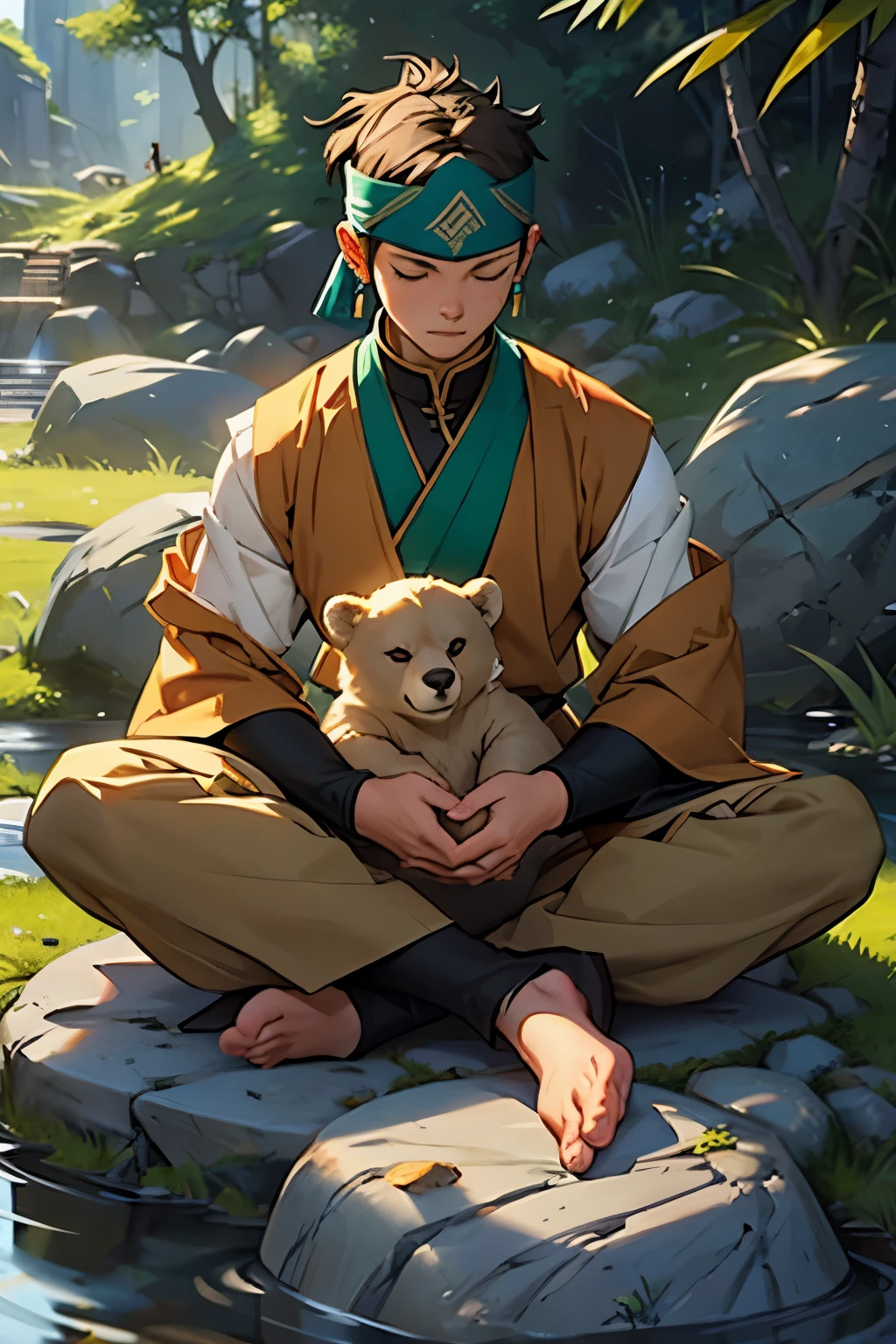 8k Avatar: The Last Airbender-style photo, 17-year-old teenager, scars on the eyes, Thick eyebrows, Blind eyes,Cut in the middle of the nose, wearing a medieval Chinese-style tunic in brown, green, and beige colors, fabric earrings in both ears, a headband in brown, green, and beige colors, bald, without hair, meditating pose on a stone outdoors, eyes closed, A bear cub on his lap, floating stones around
