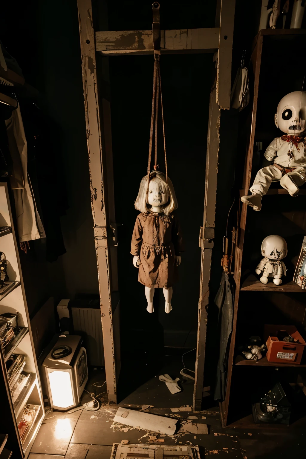 sci-fi, toy store, , creepy, horror, bloody, hanging dolls, scary