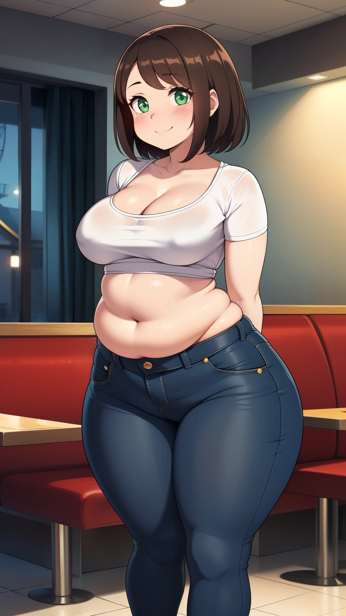 ((highres)), Masterpiece, high quality, best quality, beautiful, perfect lighting, detailed face, ultra cute face, looking at viewer, on a date, ((blush)), affectionate smile, ((1girl)), ((solo)), brown hair, fluffy hair, green eyes, jeans, crop top, tight clothes, fast food restaurant, medium breasts, cleavage, wide hips, ((thick thighs)), ((chubby)), chubby belly, standing, arms behind back, leaned over, cute pose,