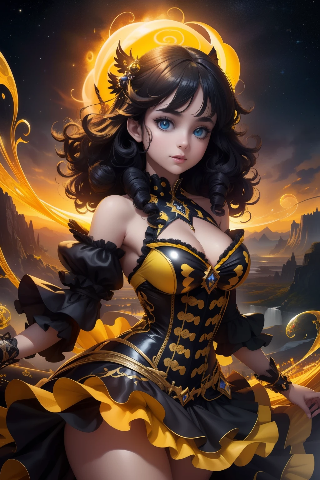 Digital art,yellow-black image fantasy girl, beauty, ultra-detailed composition, curls, patterns, floating objects, incredible landscape, happy, unearthly view, starlight, gas aura, abstraction, magic, style by Tim Burton